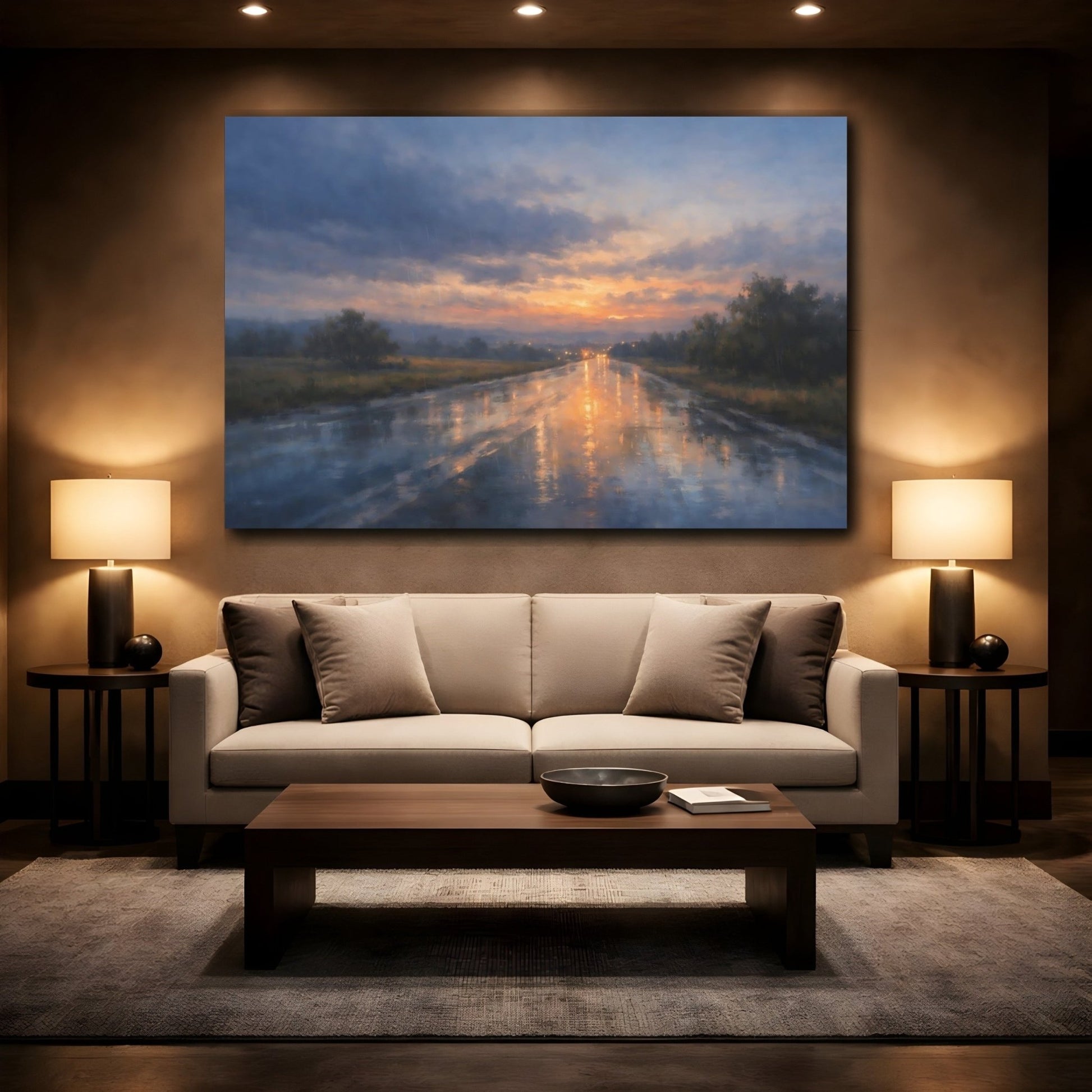 Nature Wet Road Orange And Blue - Canvas Wall Art Print - YesArtYes