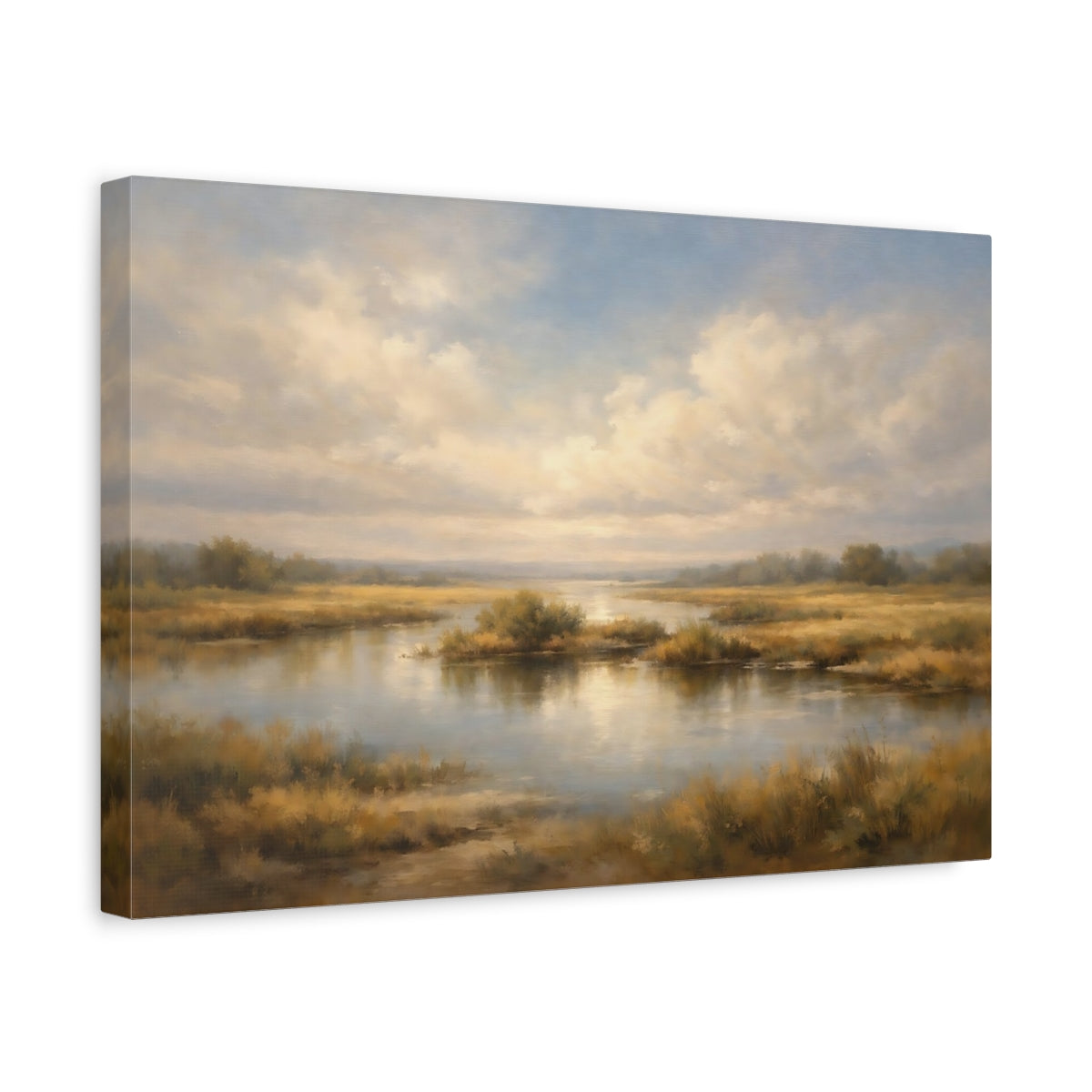 Side Mockup 4. Nature Wetlands Landscape Muted Landscape shown as stretched canvas wall art