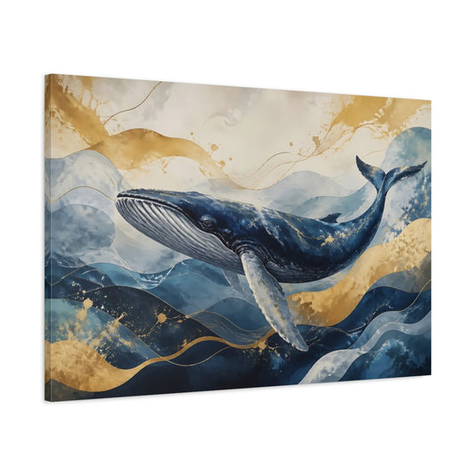 Main Mockup. Nature Whale Blue And Gold shown as stretched canvas wall art