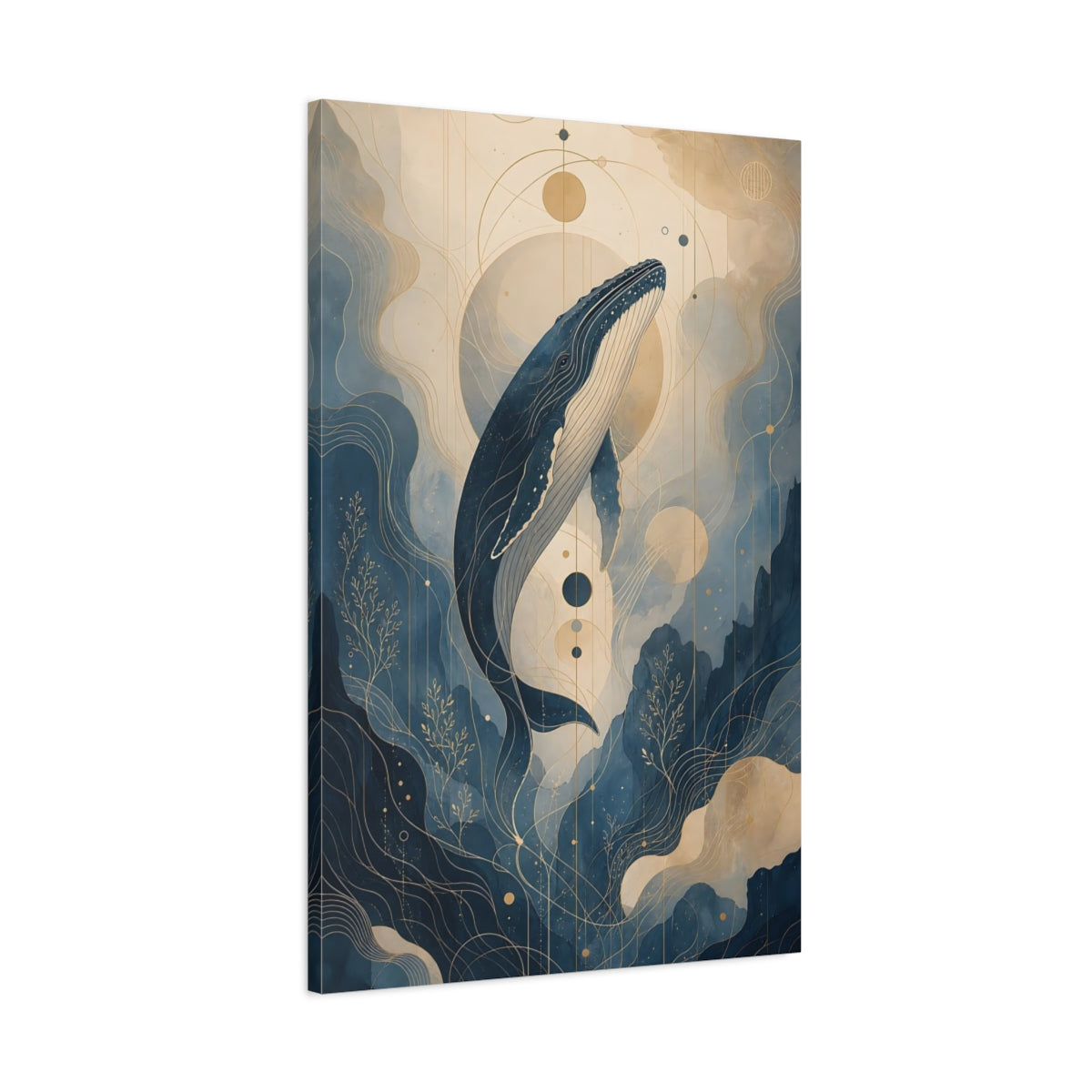 Main Mockup. Nature Whale Blue And Gold shown as stretched canvas wall art