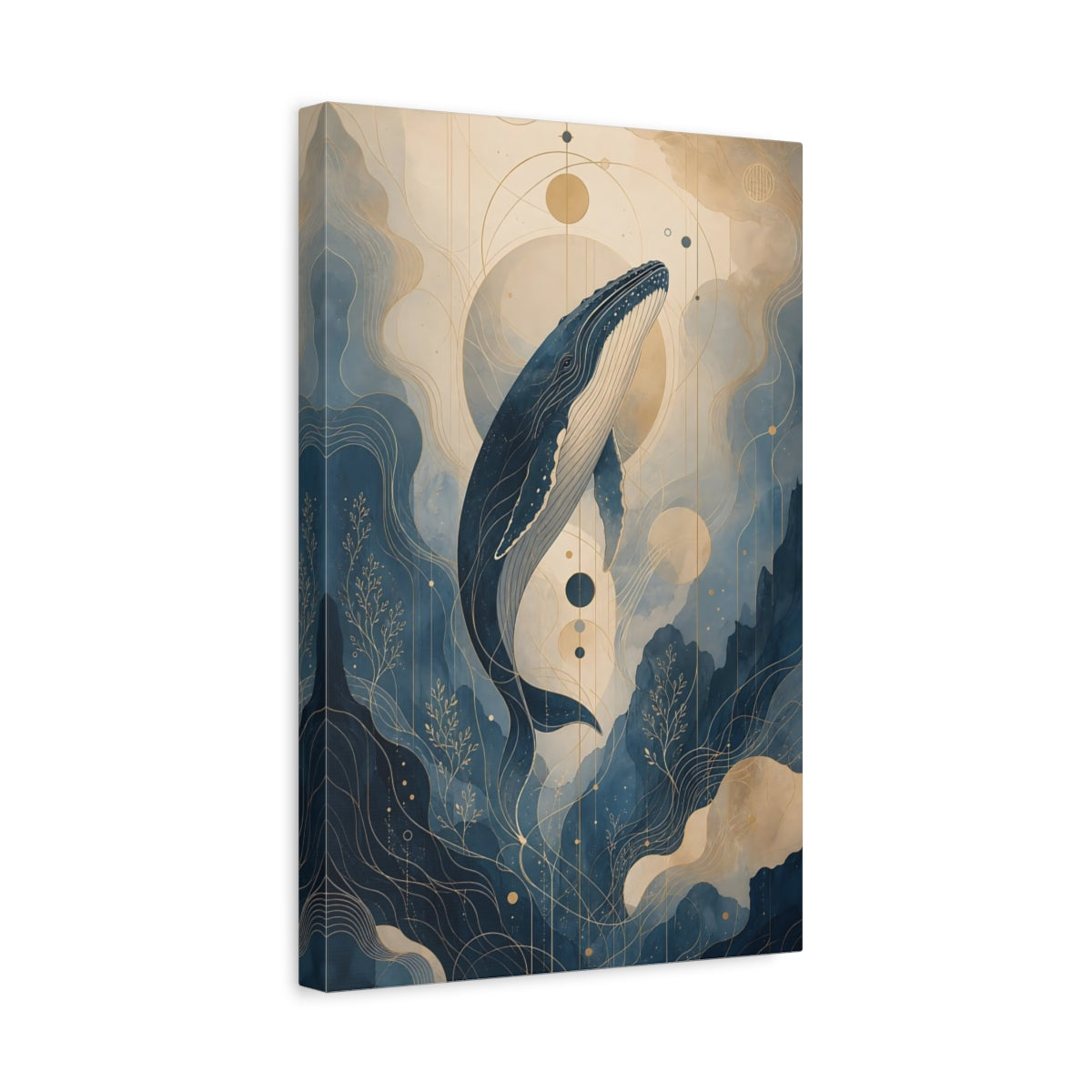 Side Mockup 4. Nature Whale Blue And Gold shown as stretched canvas wall art