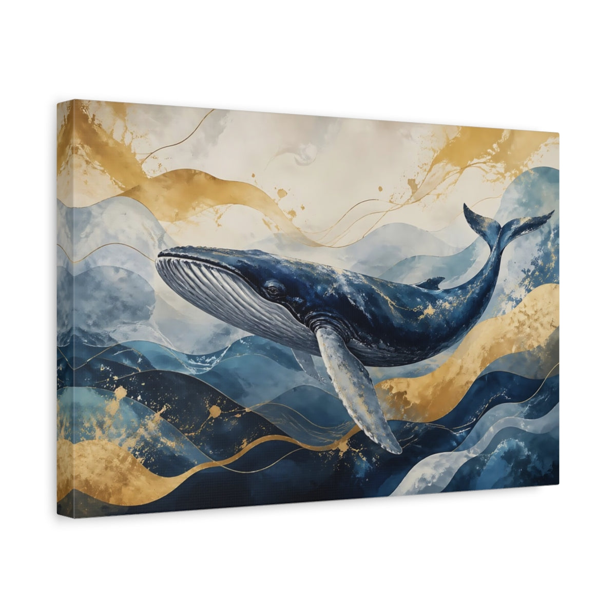 Side Mockup 4. Nature Whale Blue And Gold shown as stretched canvas wall art