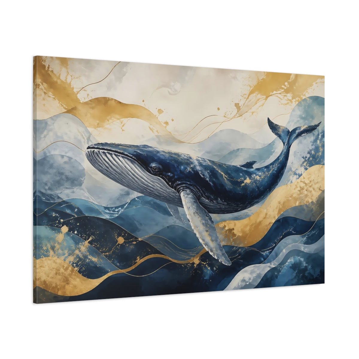 Side Mockup 1. Nature Whale Blue And Gold shown as stretched canvas wall art