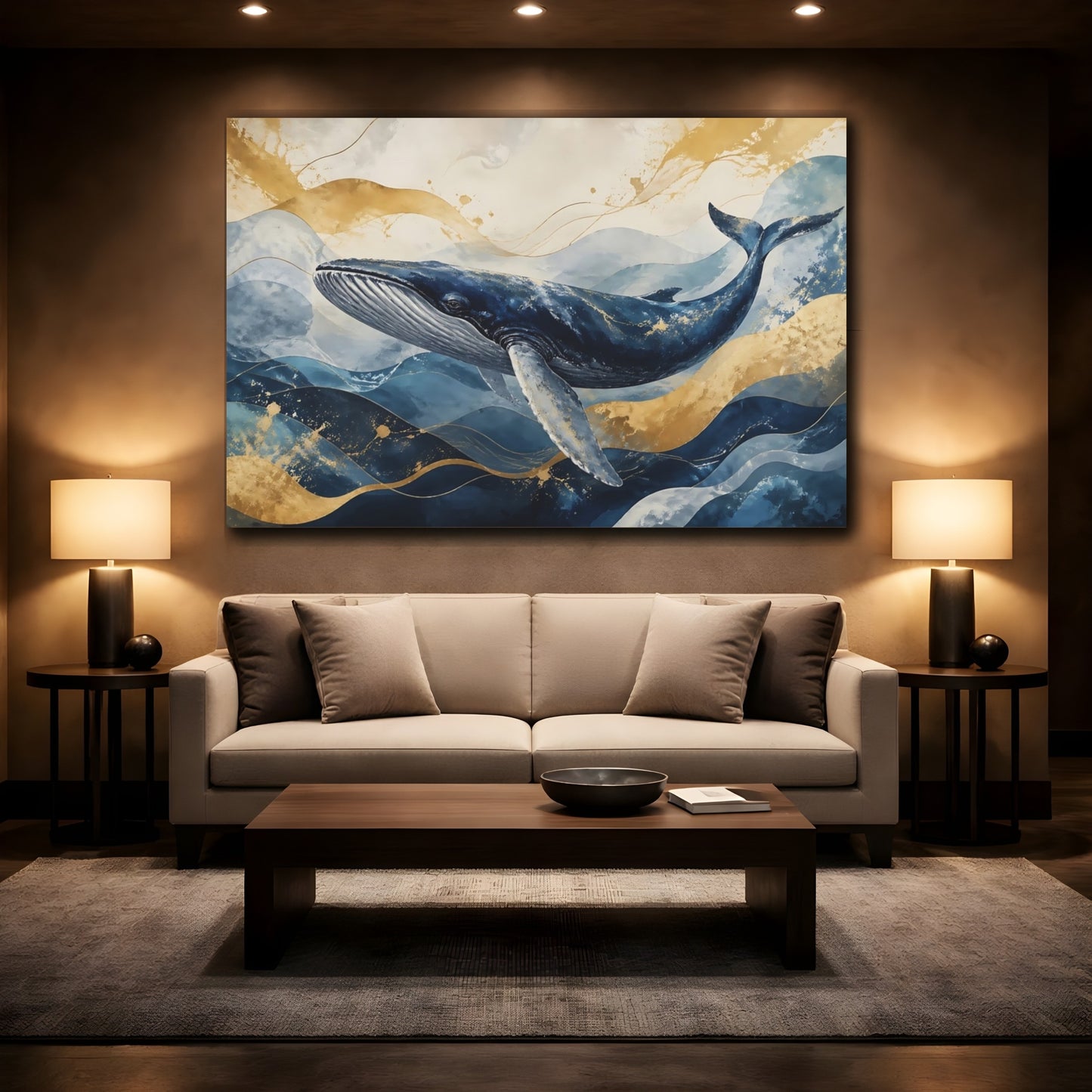 Mockup 2. Nature Whale Blue And Gold shown as stretched canvas wall art