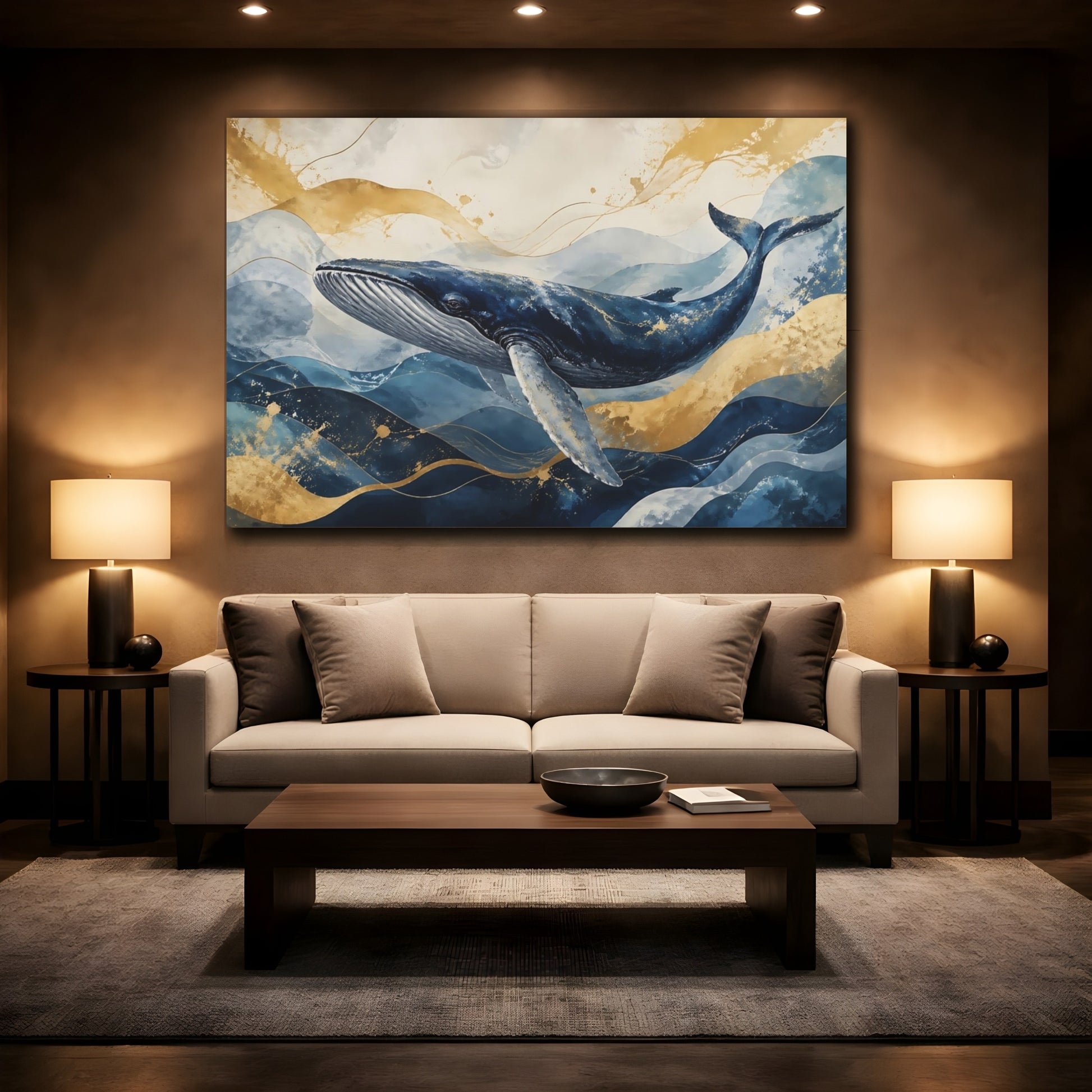 Mockup 2. Nature Whale Blue And Gold shown as stretched canvas wall art