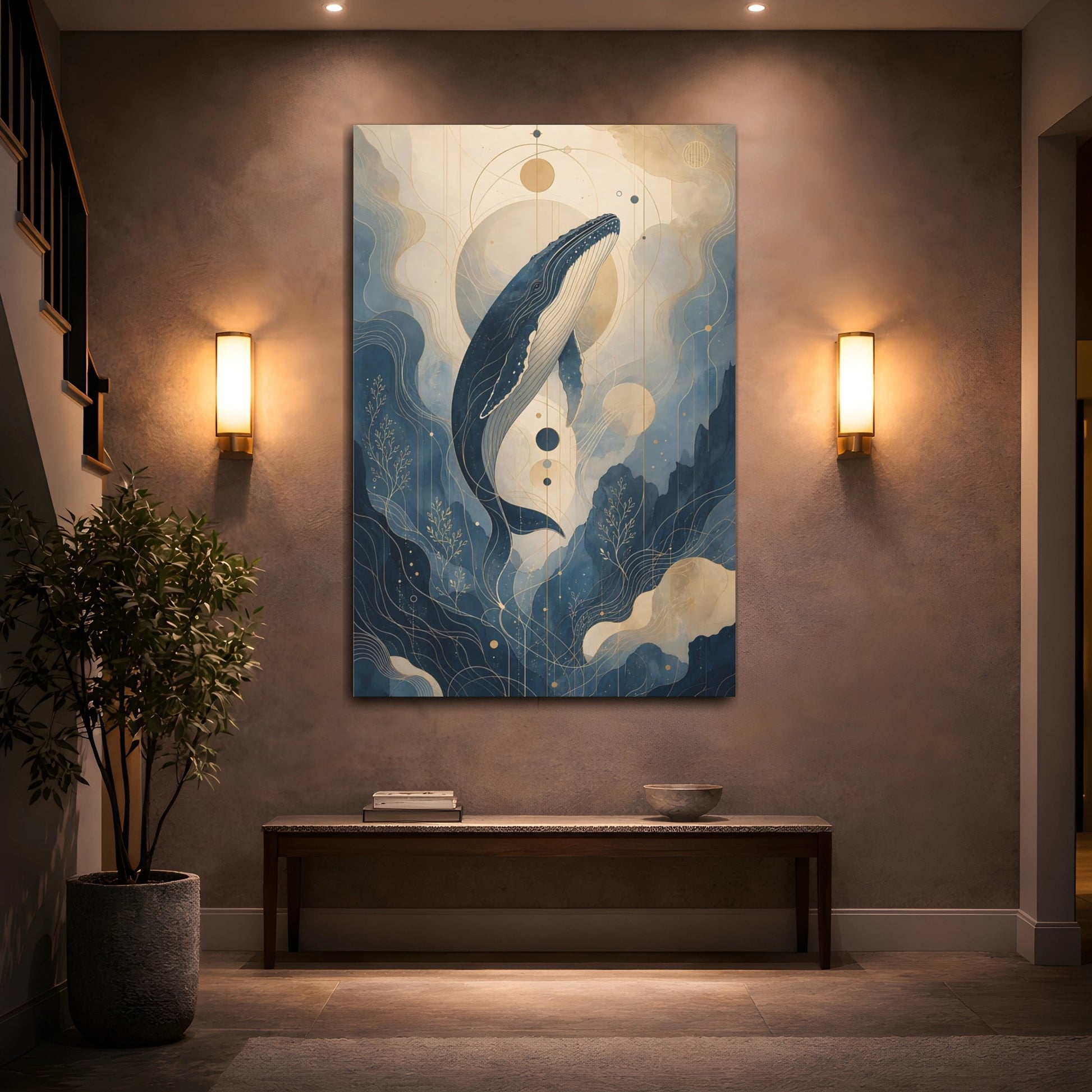 Mockup 2. Nature Whale Blue And Gold shown as stretched canvas wall art