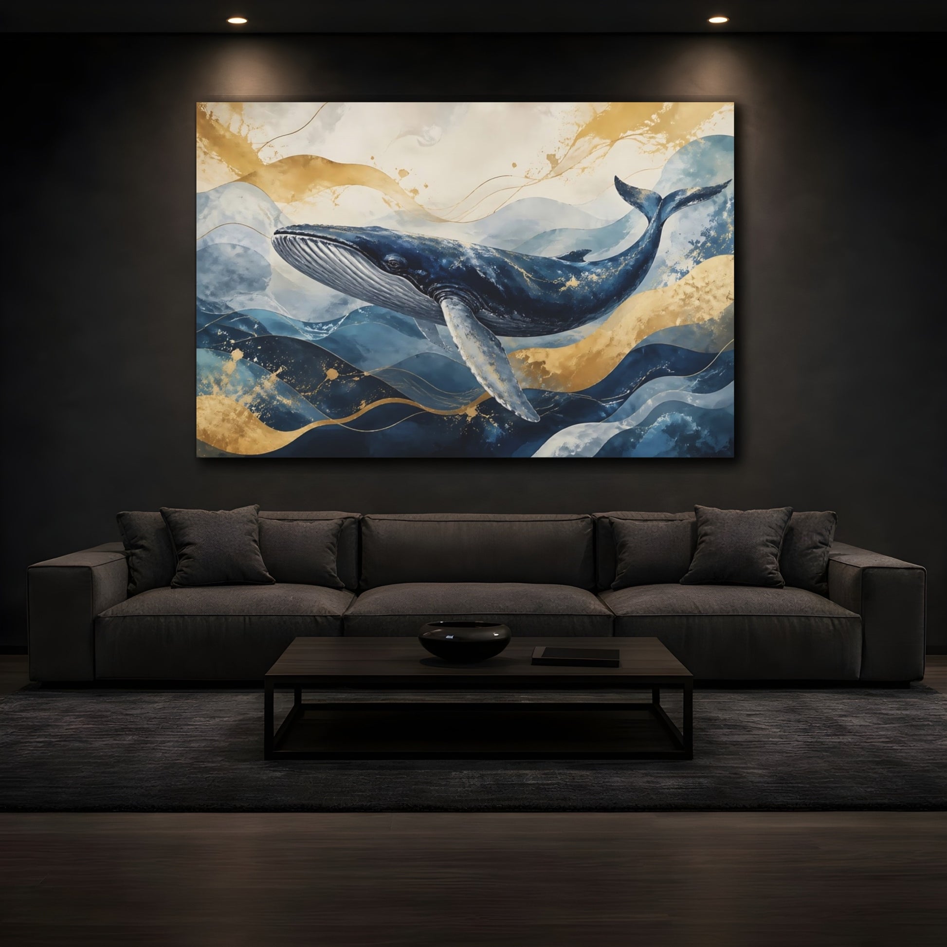Mockup 3. Nature Whale Blue And Gold shown as stretched canvas wall art