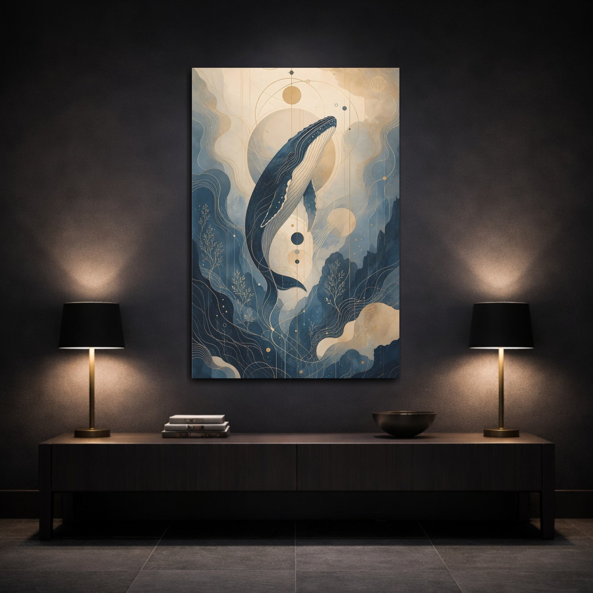 Mockup 3. Nature Whale Blue And Gold shown as stretched canvas wall art