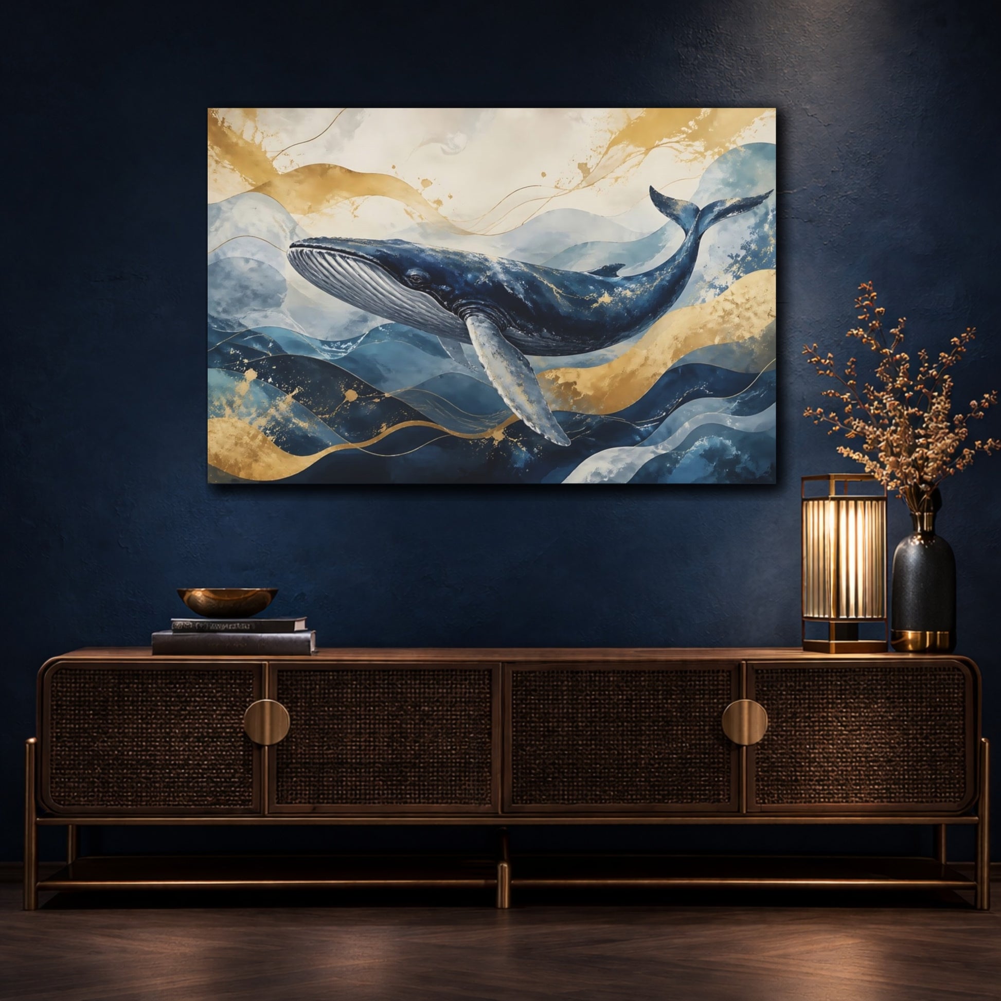 Mockup 4. Nature Whale Blue And Gold shown as stretched canvas wall art