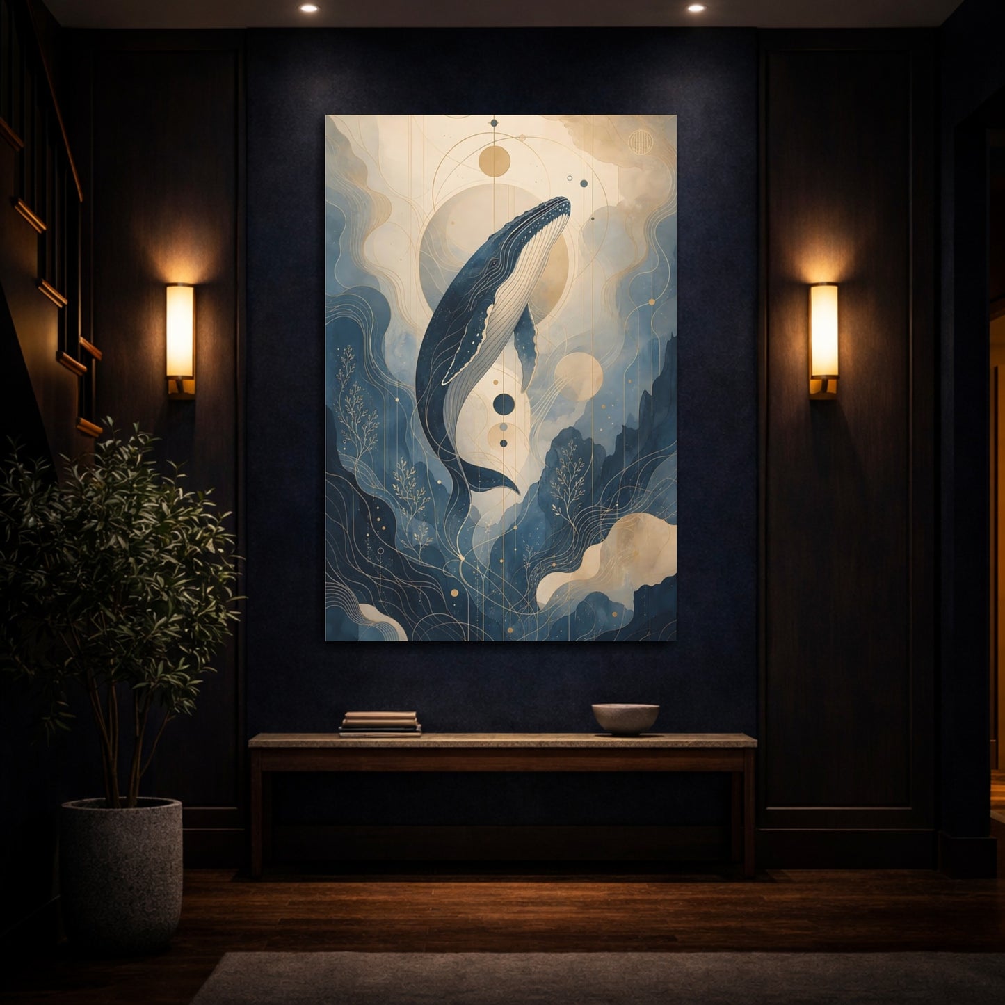 Mockup 4. Nature Whale Blue And Gold shown as stretched canvas wall art