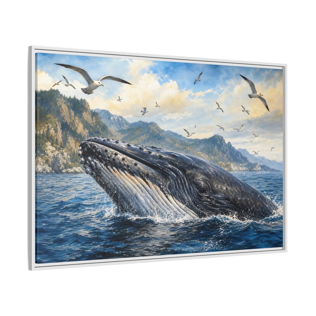 Side Mockup 7. Nature Whale Blue Ocean Whale shown as stretched canvas wall art