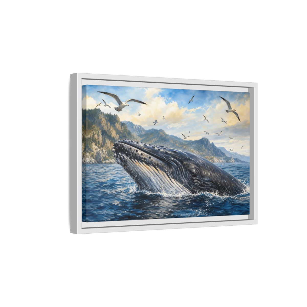 Side Mockup 4. Nature Whale Blue Ocean Whale shown as stretched canvas wall art