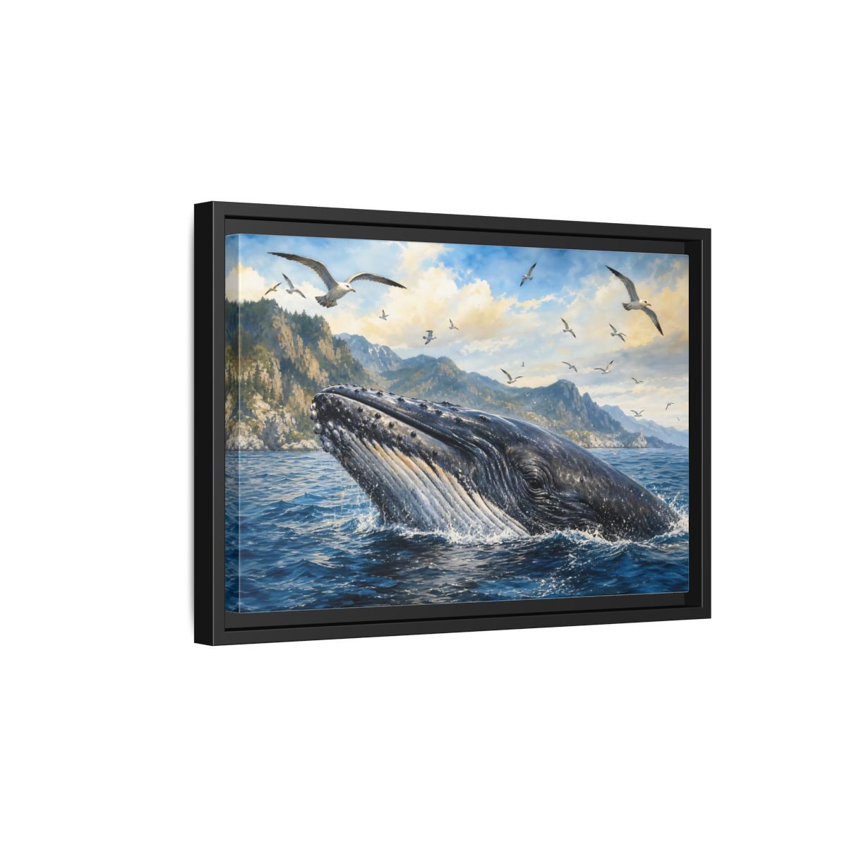Side Mockup 6. Nature Whale Blue Ocean Whale shown as stretched canvas wall art