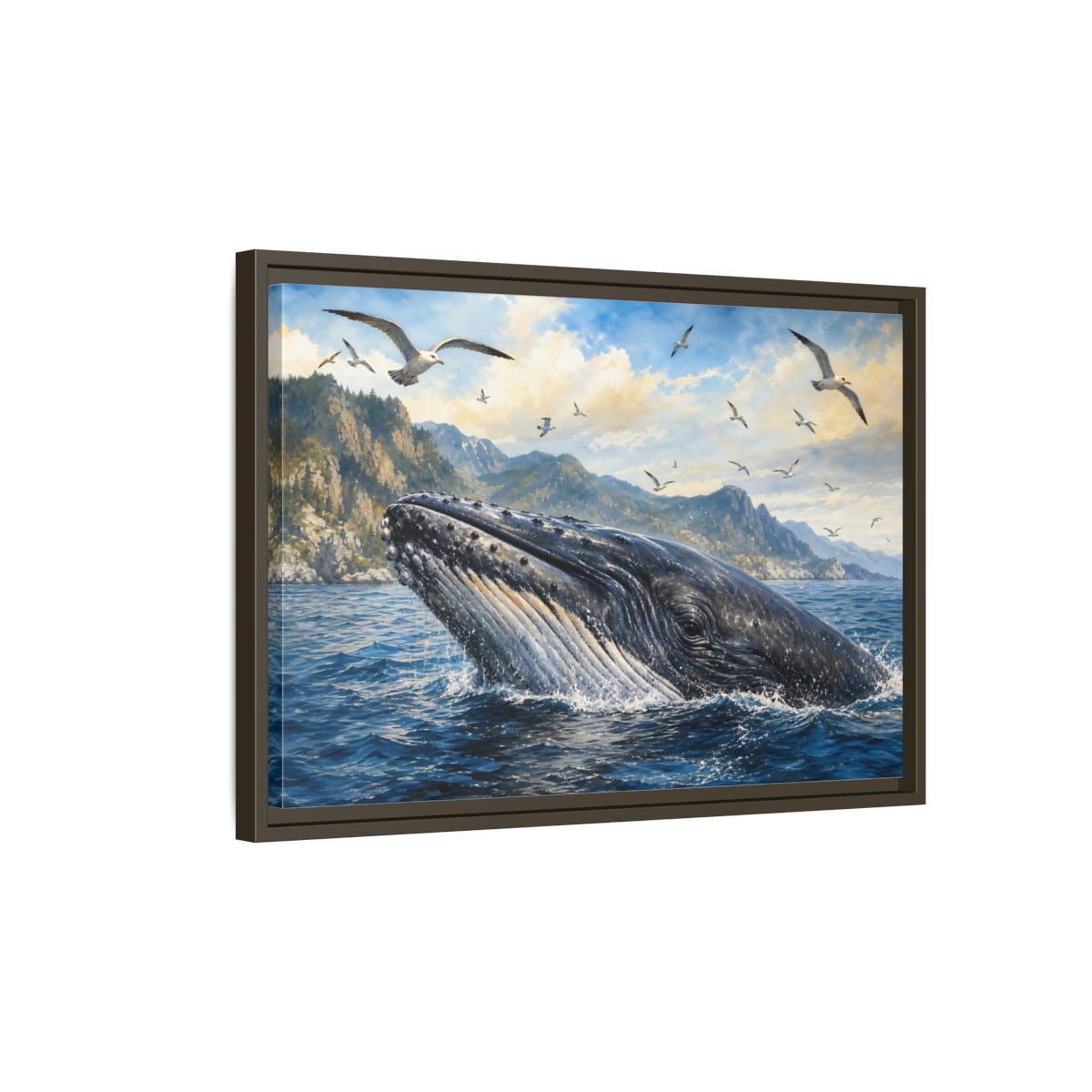 Side Mockup 2. Nature Whale Blue Ocean Whale shown as stretched canvas wall art