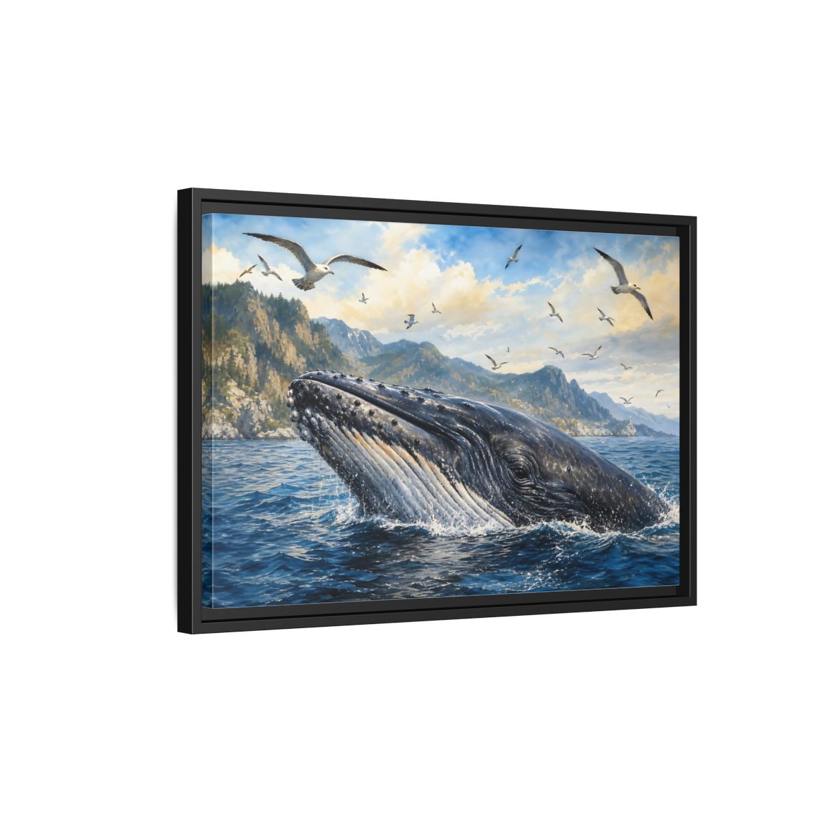 Side Mockup 3. Nature Whale Blue Ocean Whale shown as stretched canvas wall art