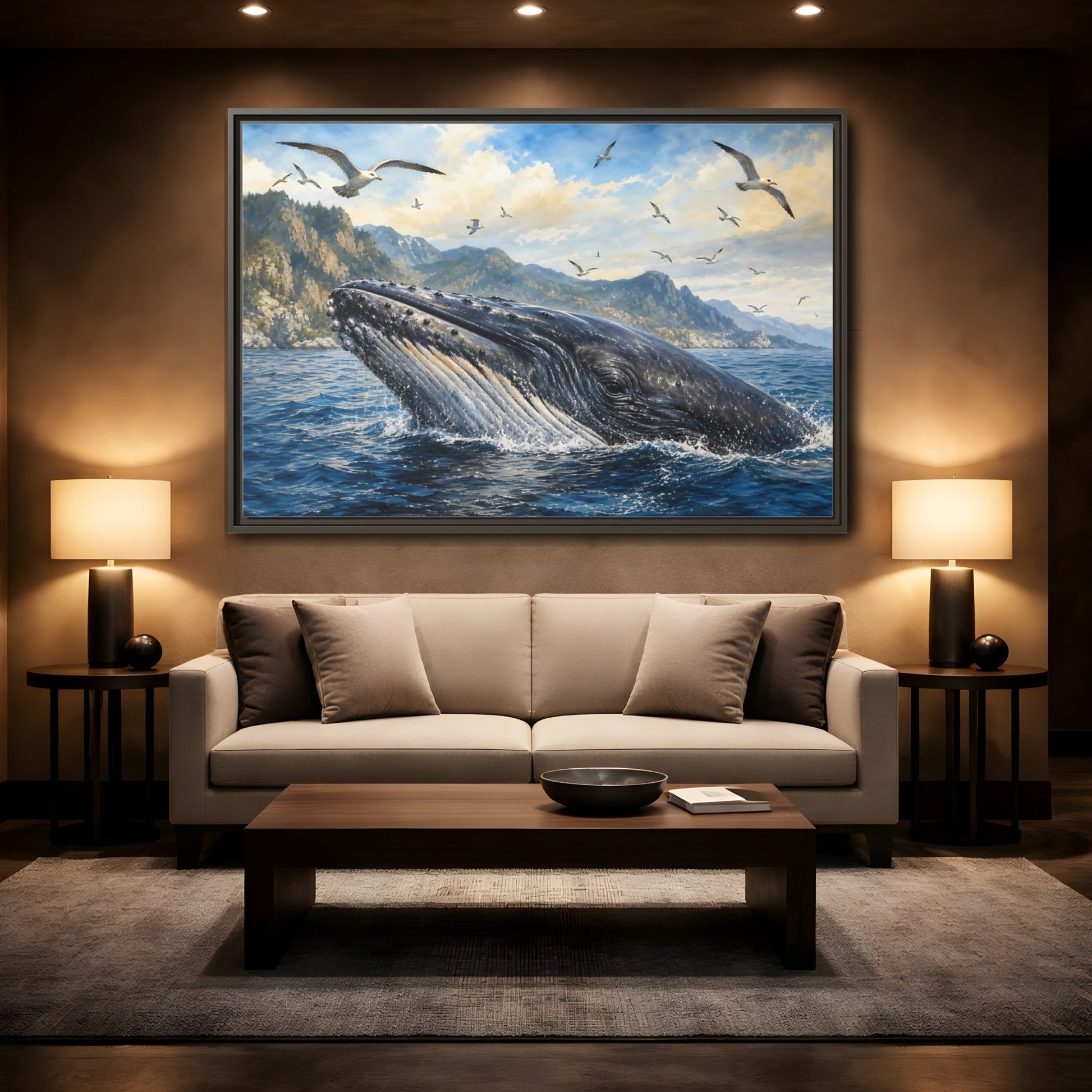 Mockup 2. Nature Whale Blue Ocean Whale shown as stretched canvas wall art