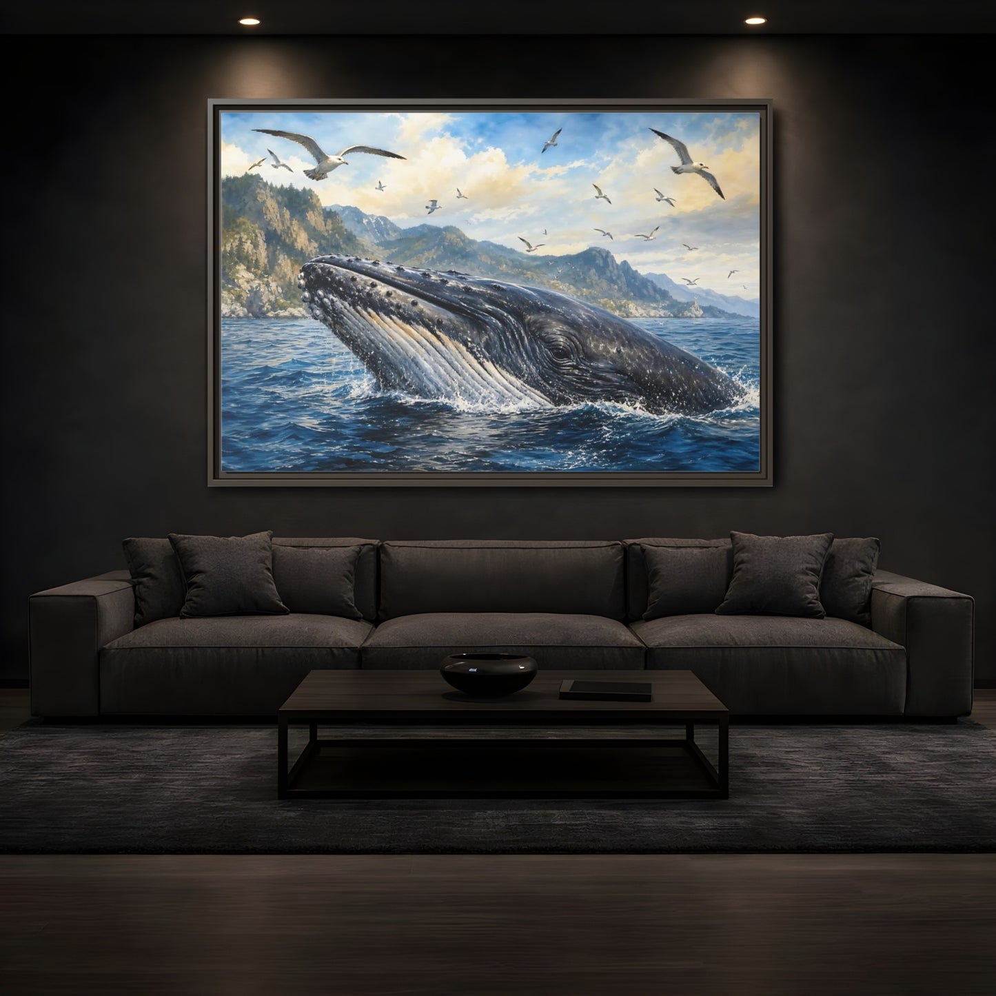 Mockup 3. Nature Whale Blue Ocean Whale shown as stretched canvas wall art
