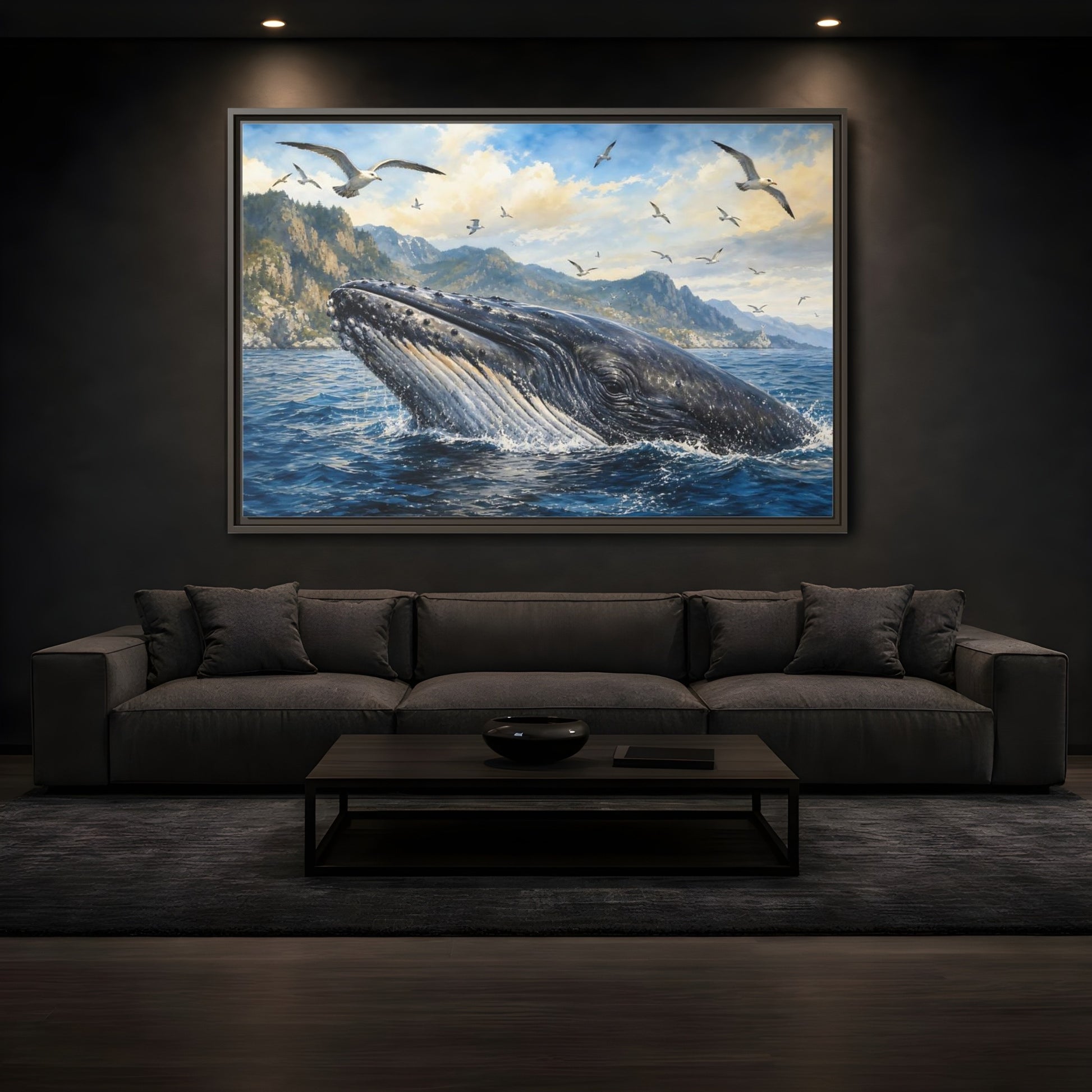 Mockup 3. Nature Whale Blue Ocean Whale shown as stretched canvas wall art