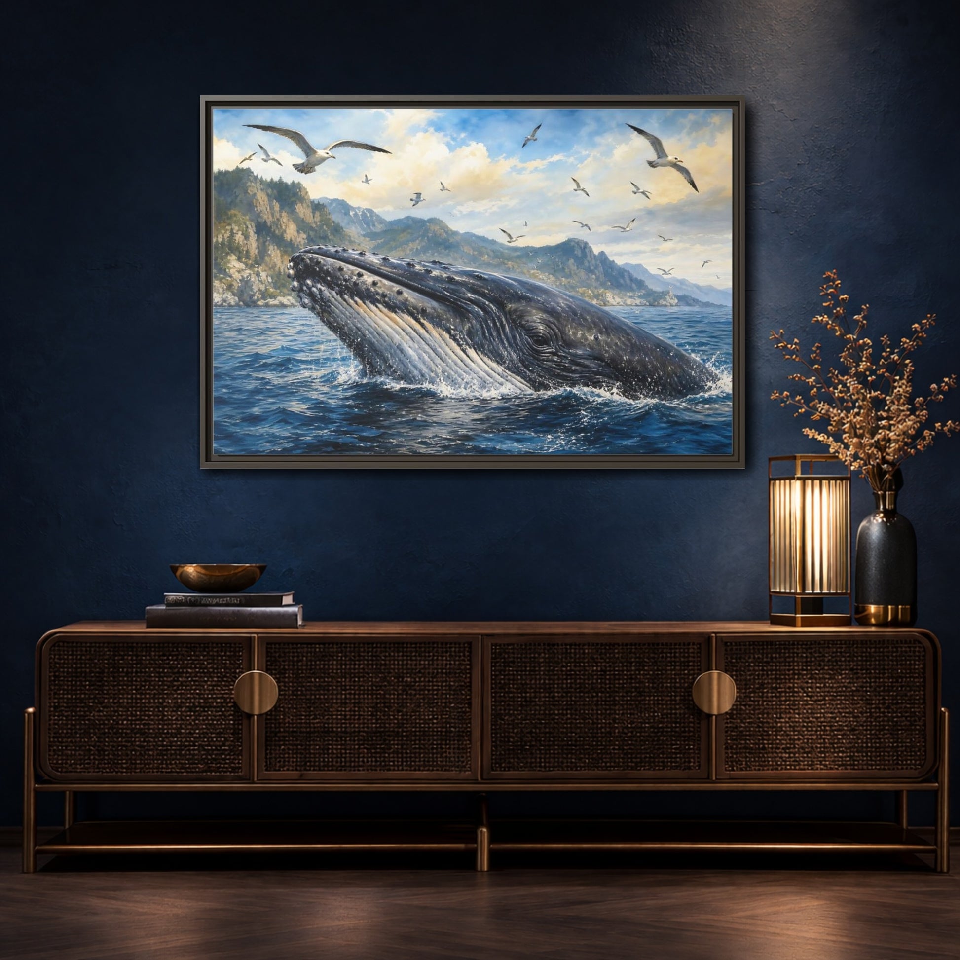 Mockup 4. Nature Whale Blue Ocean Whale shown as stretched canvas wall art