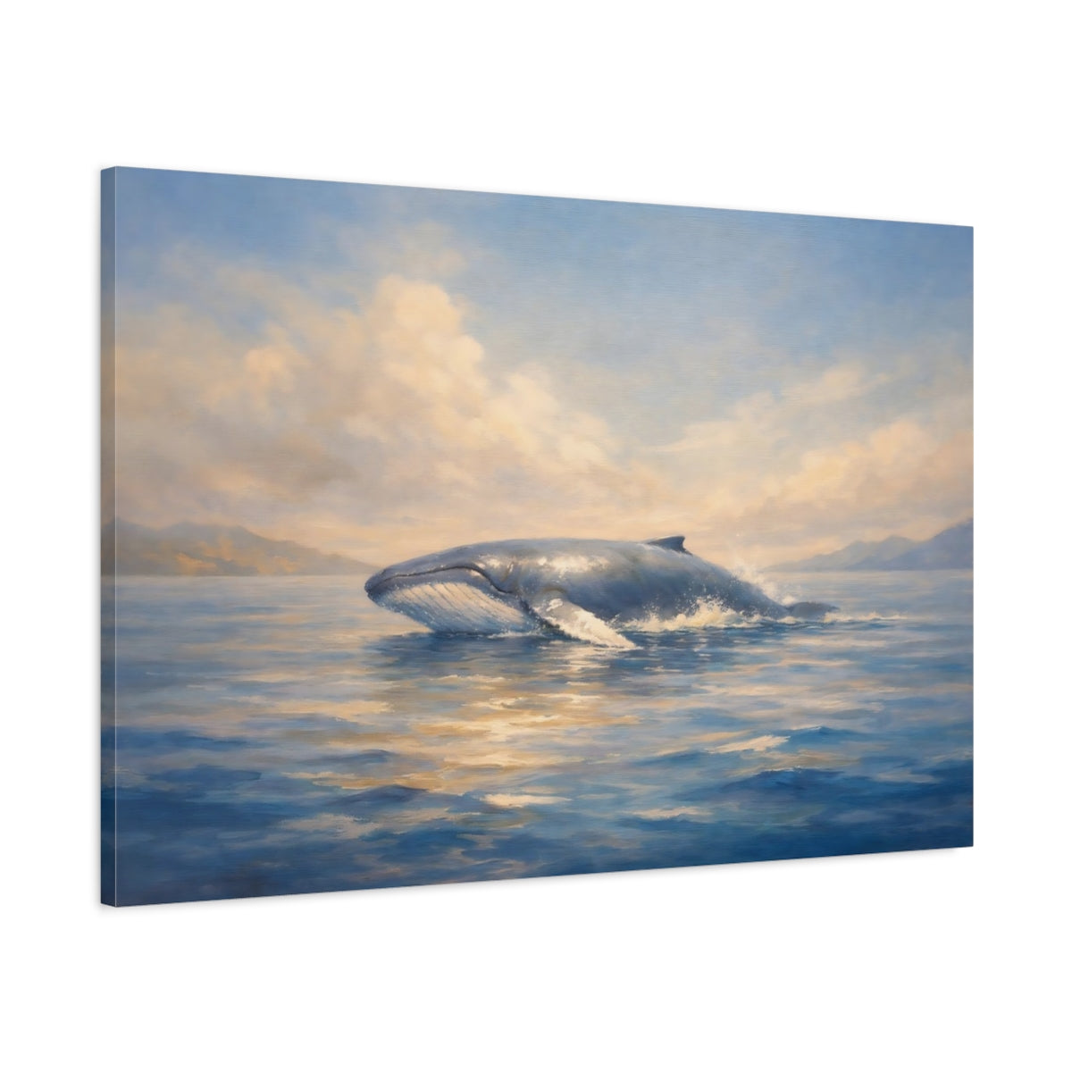 Side Mockup 1. Nature Whale Breaching Blue And Gold Whale shown as stretched canvas wall art