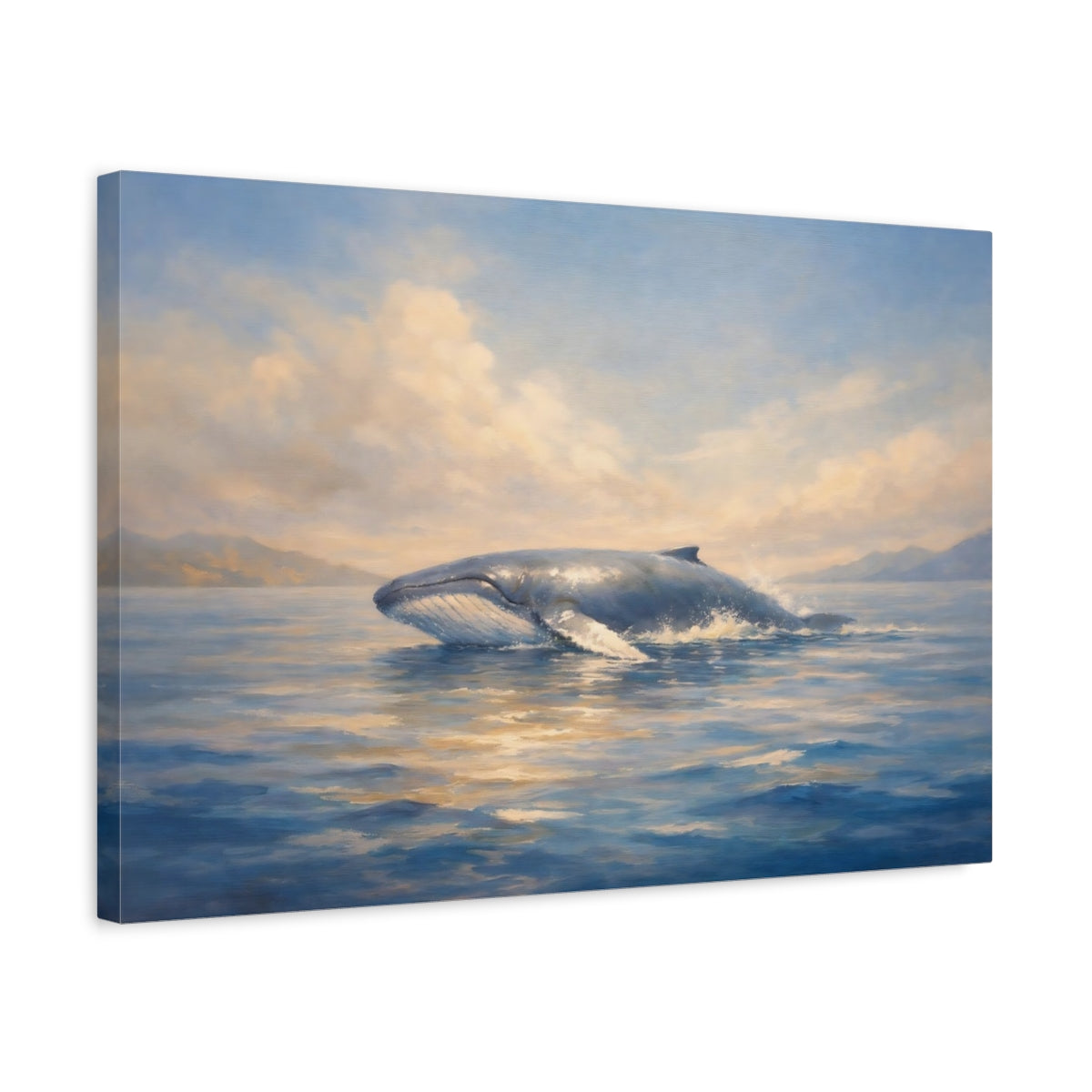 Side Mockup 3. Nature Whale Breaching Blue And Gold Whale shown as stretched canvas wall art