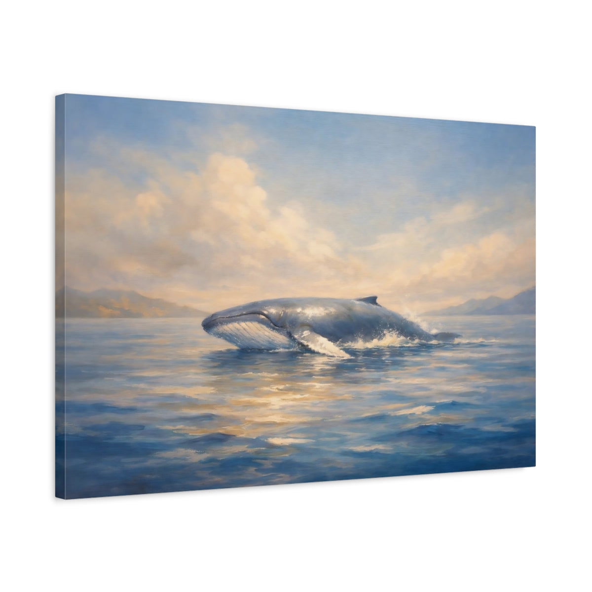 Side Mockup 2. Nature Whale Breaching Blue And Gold Whale shown as stretched canvas wall art