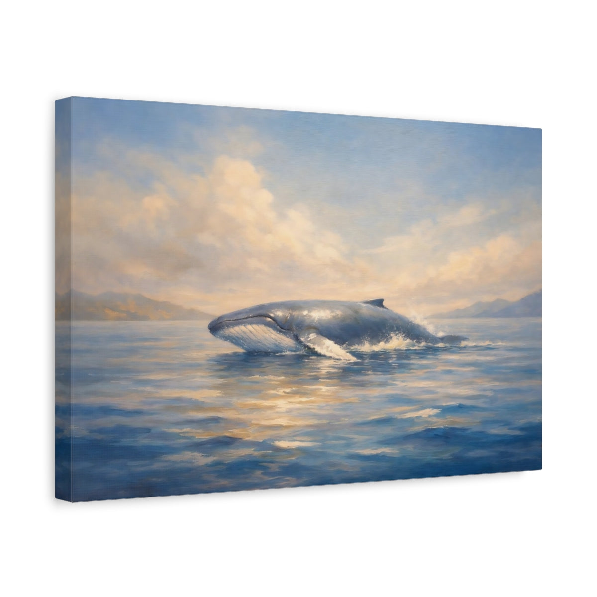 Side Mockup 4. Nature Whale Breaching Blue And Gold Whale shown as stretched canvas wall art