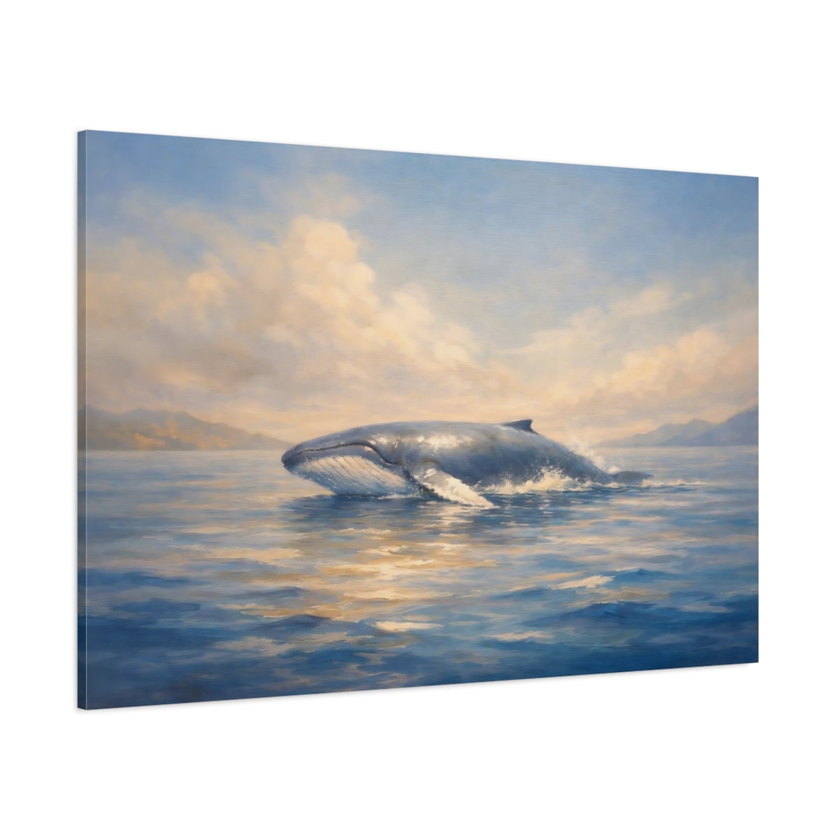 Main Mockup. Nature Whale Breaching Blue And Gold Whale shown as stretched canvas wall art