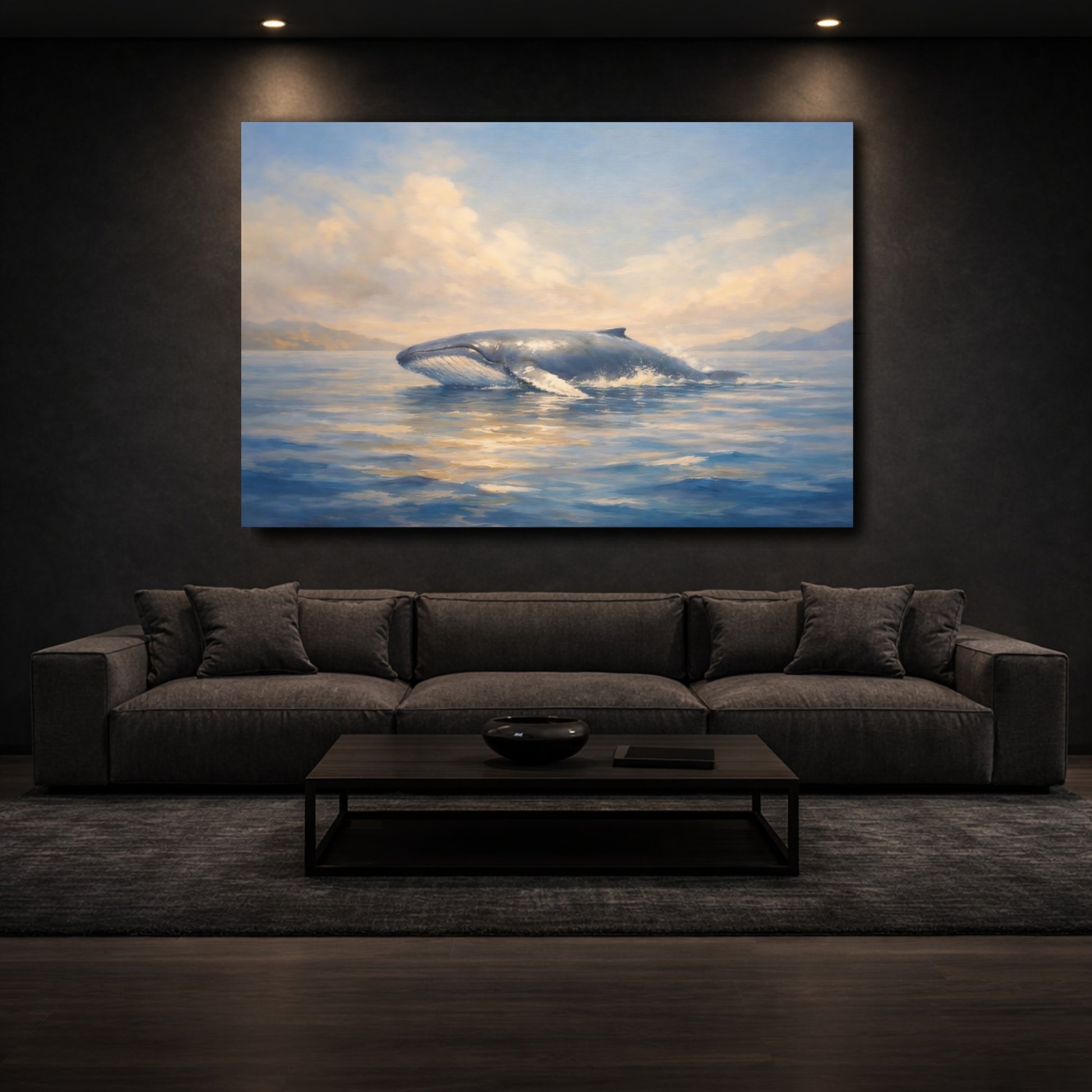 Mockup 2. Nature Whale Breaching Blue And Gold Whale shown as stretched canvas wall art