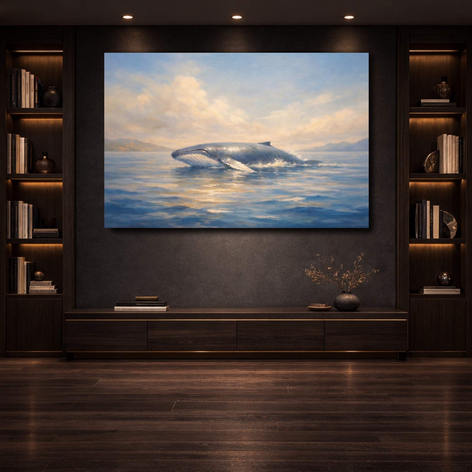 Mockup 3. Nature Whale Breaching Blue And Gold Whale shown as stretched canvas wall art