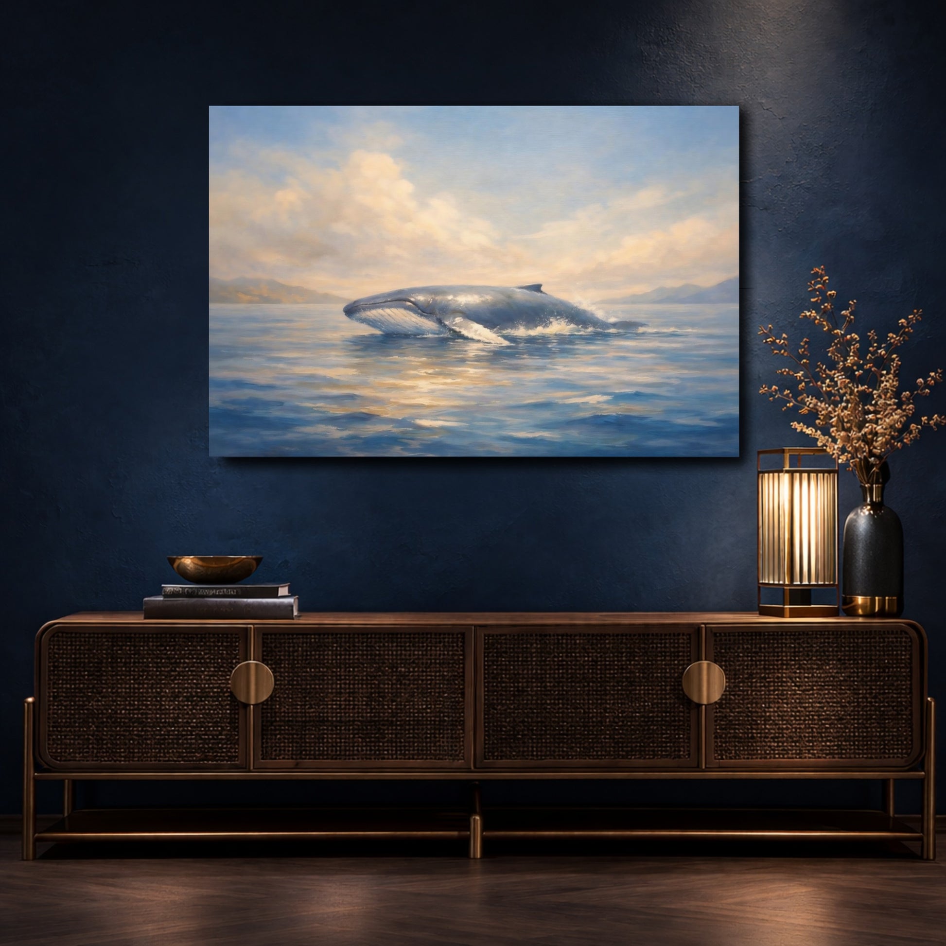 Mockup 4. Nature Whale Breaching Blue And Gold Whale shown as stretched canvas wall art