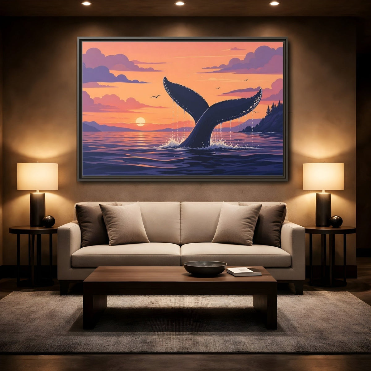 Nature Whale Tail Sunset Framed Canvas Wall Art Print – modern Living Room, Above Couch - YesArtYes