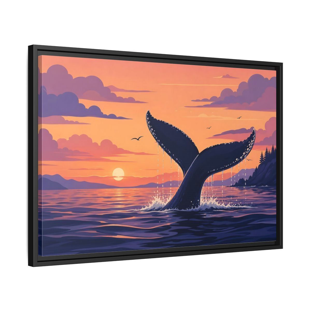 Side Mockup 14. Nature Whale Tail Whale Tail Sunset shown as stretched canvas wall art