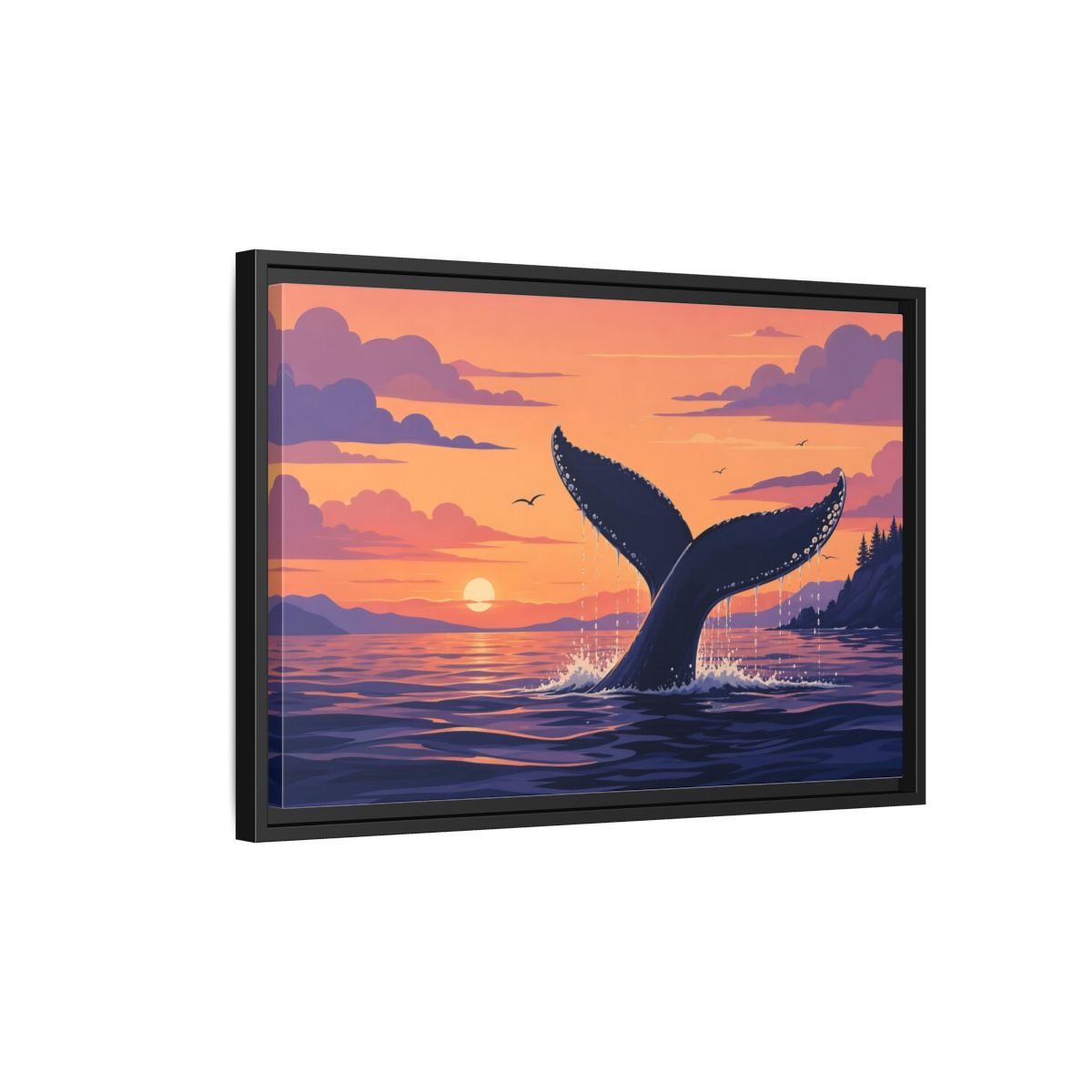 Side Mockup 3. Nature Whale Tail Whale Tail Sunset shown as stretched canvas wall art