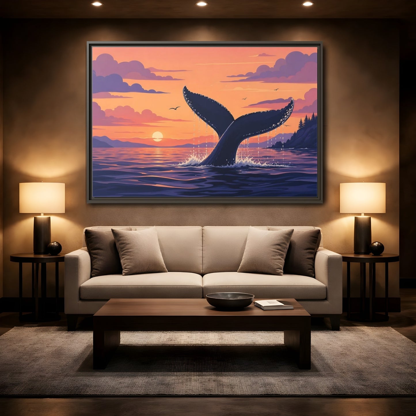 Mockup 2. Nature Whale Tail Whale Tail Sunset shown as stretched canvas wall art