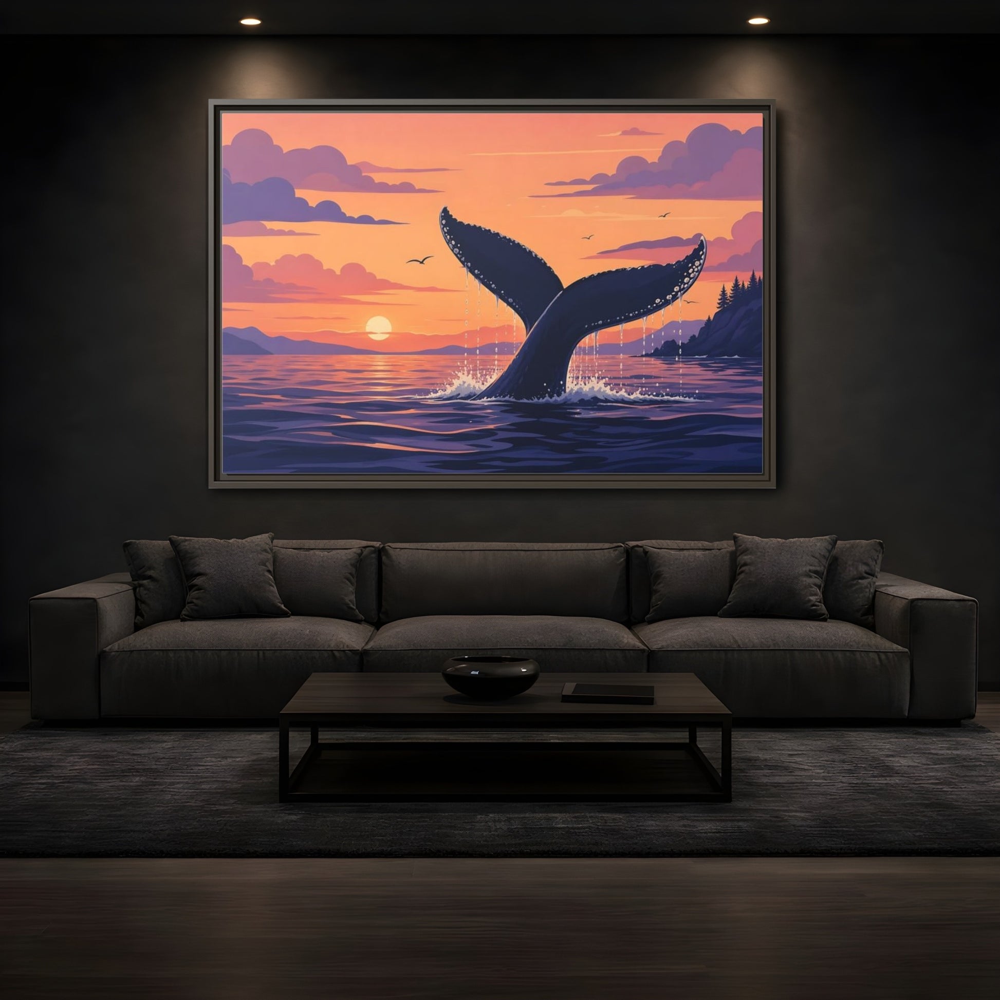 Mockup 3. Nature Whale Tail Whale Tail Sunset shown as stretched canvas wall art