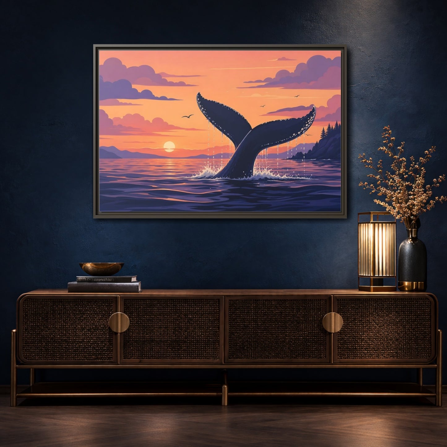 Mockup 4. Nature Whale Tail Whale Tail Sunset shown as stretched canvas wall art