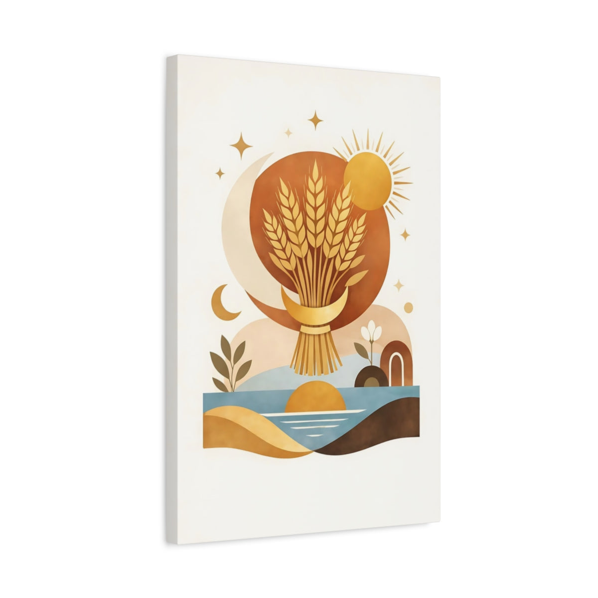 Side Mockup 3. Nature Wheat Bundle Wheat Sun Moon shown as stretched canvas wall art