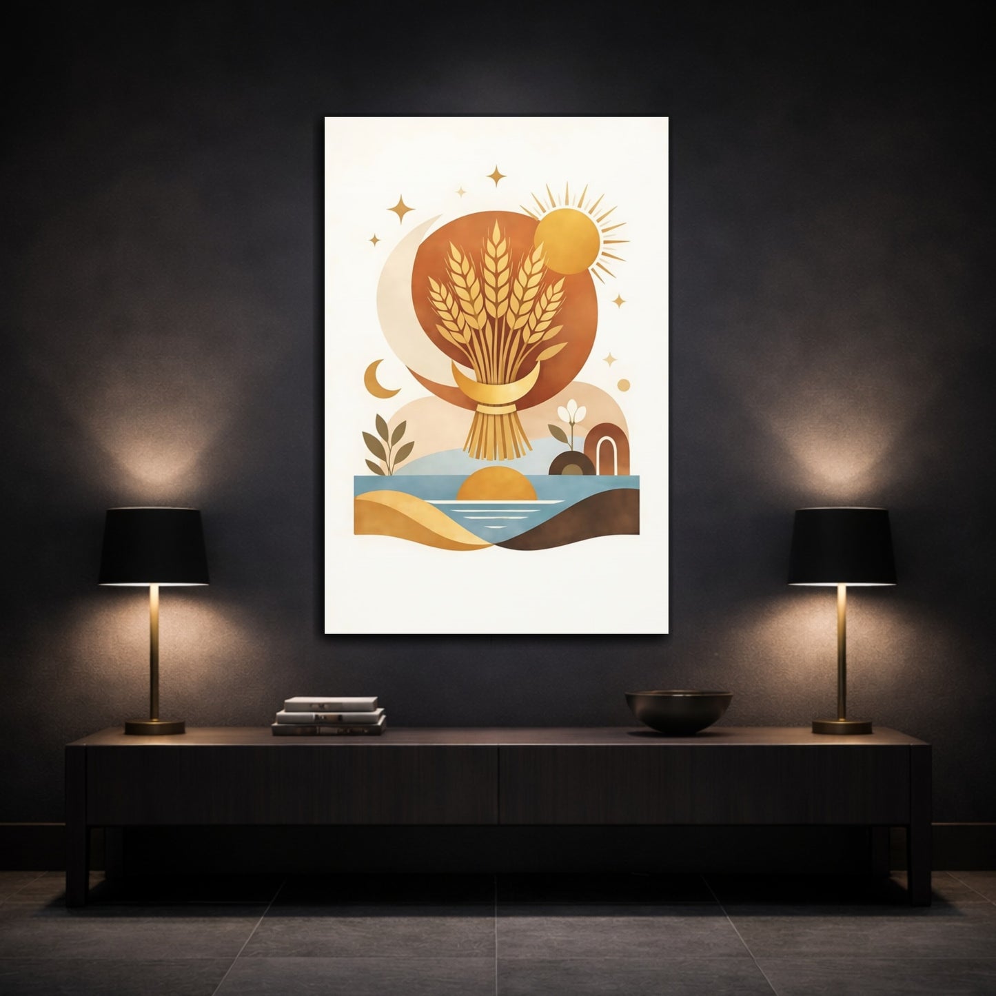 Mockup 2. Nature Wheat Bundle Wheat Sun Moon shown as stretched canvas wall art