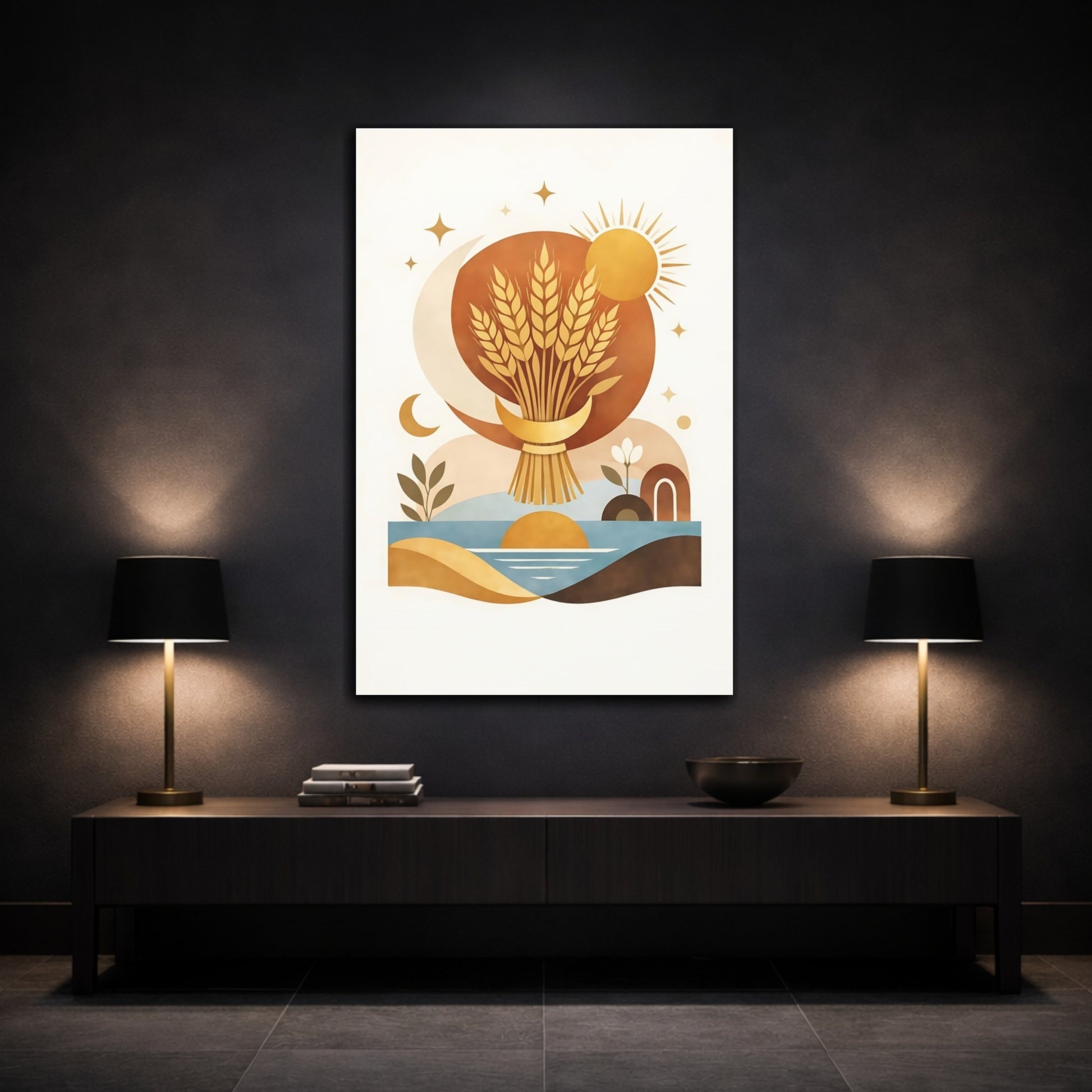 Mockup 2. Nature Wheat Bundle Wheat Sun Moon shown as stretched canvas wall art