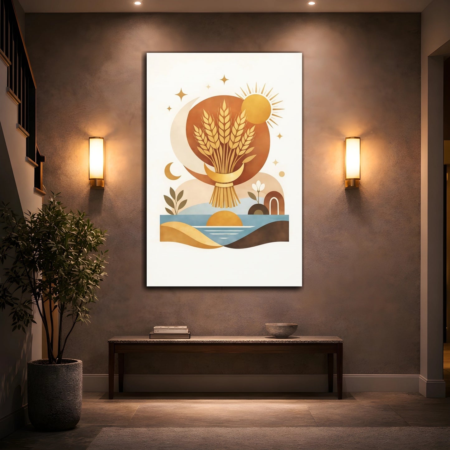 Mockup 3. Nature Wheat Bundle Wheat Sun Moon shown as stretched canvas wall art