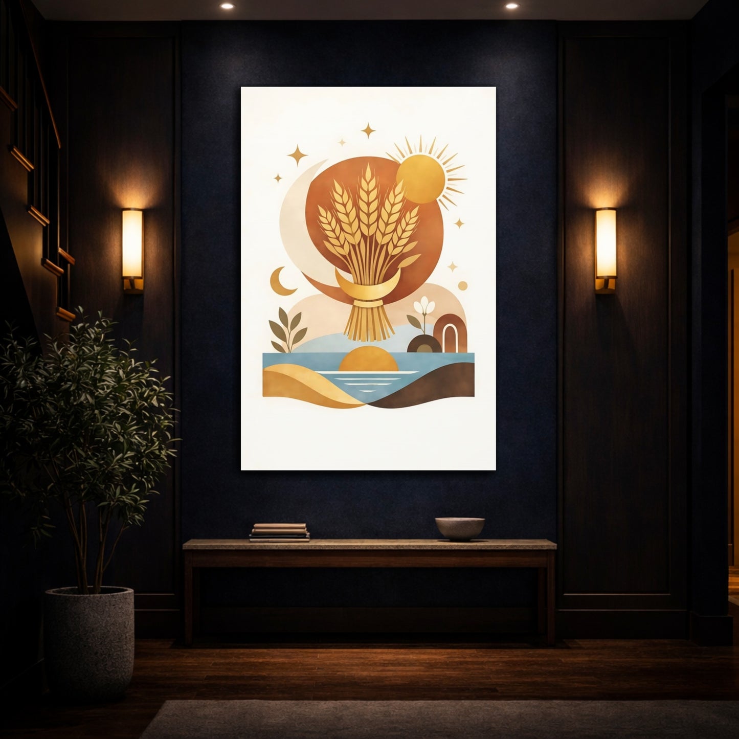 Mockup 4. Nature Wheat Bundle Wheat Sun Moon shown as stretched canvas wall art