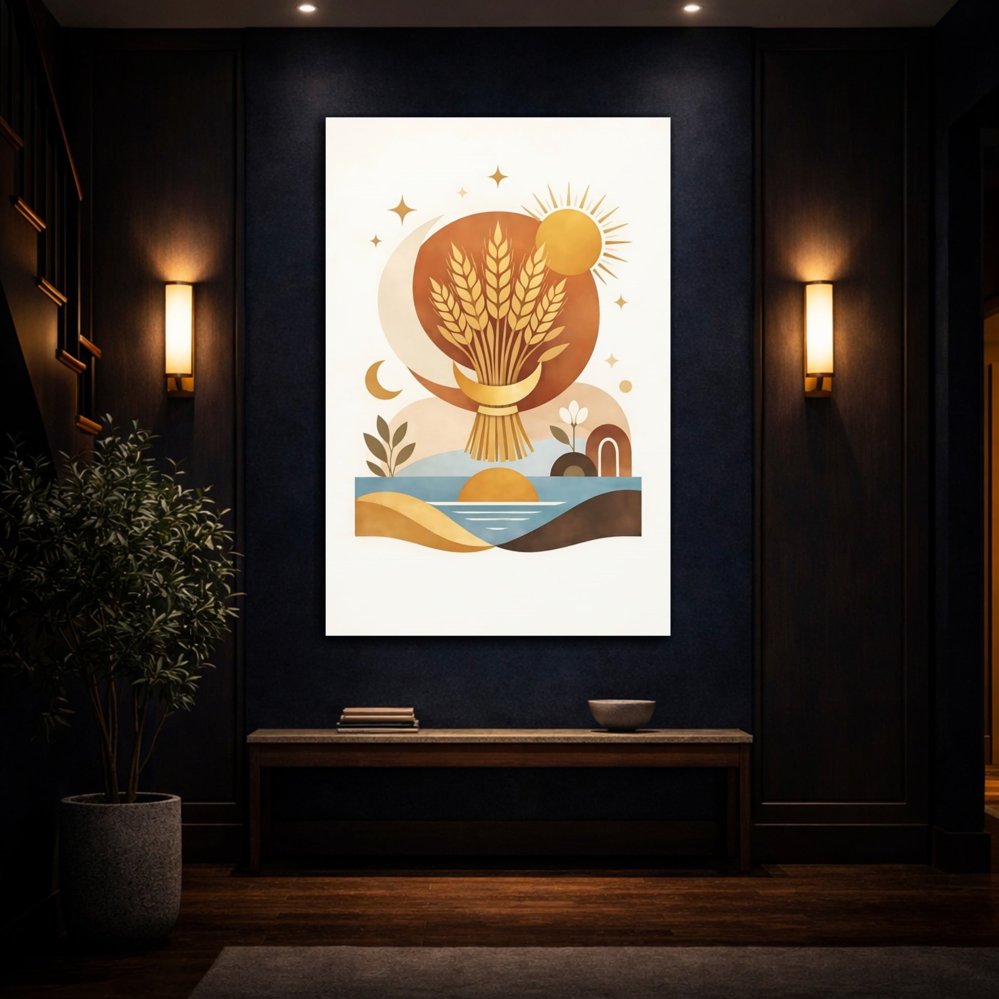 Mockup 4. Nature Wheat Bundle Wheat Sun Moon shown as stretched canvas wall art