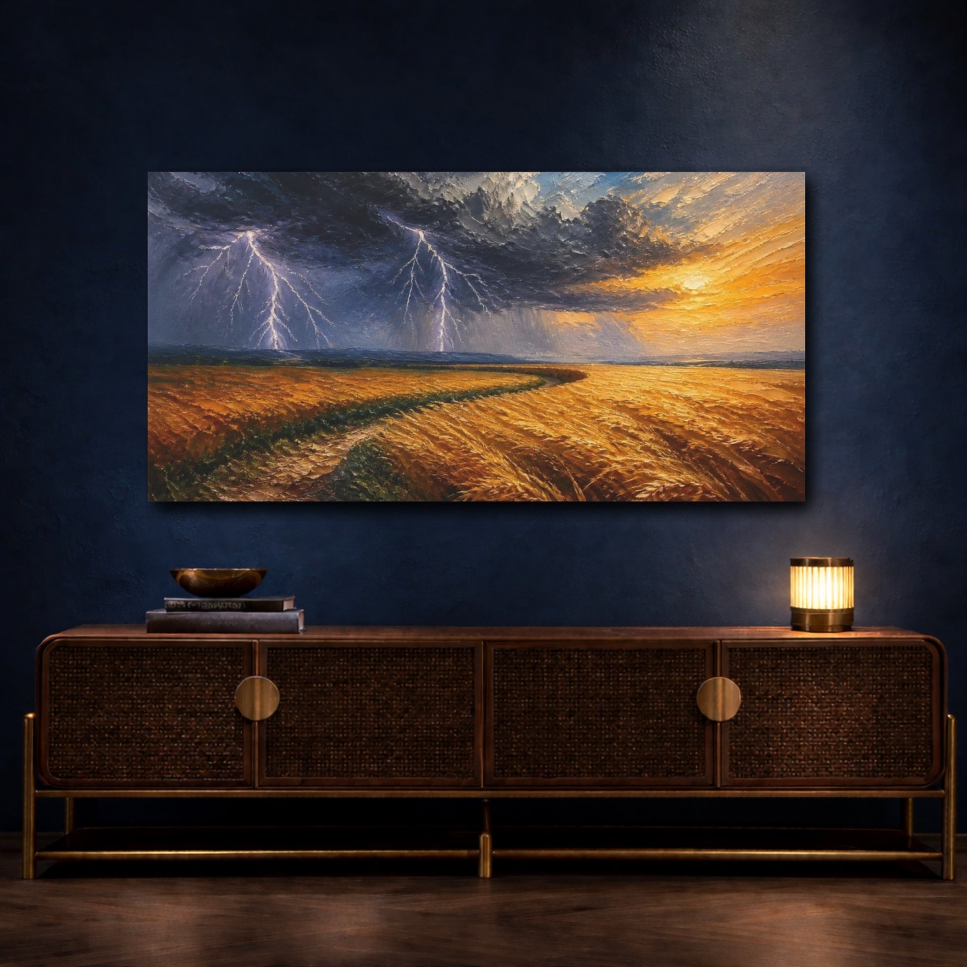 Mockup 4. Nature Wheat Field Storm shown as canvas print