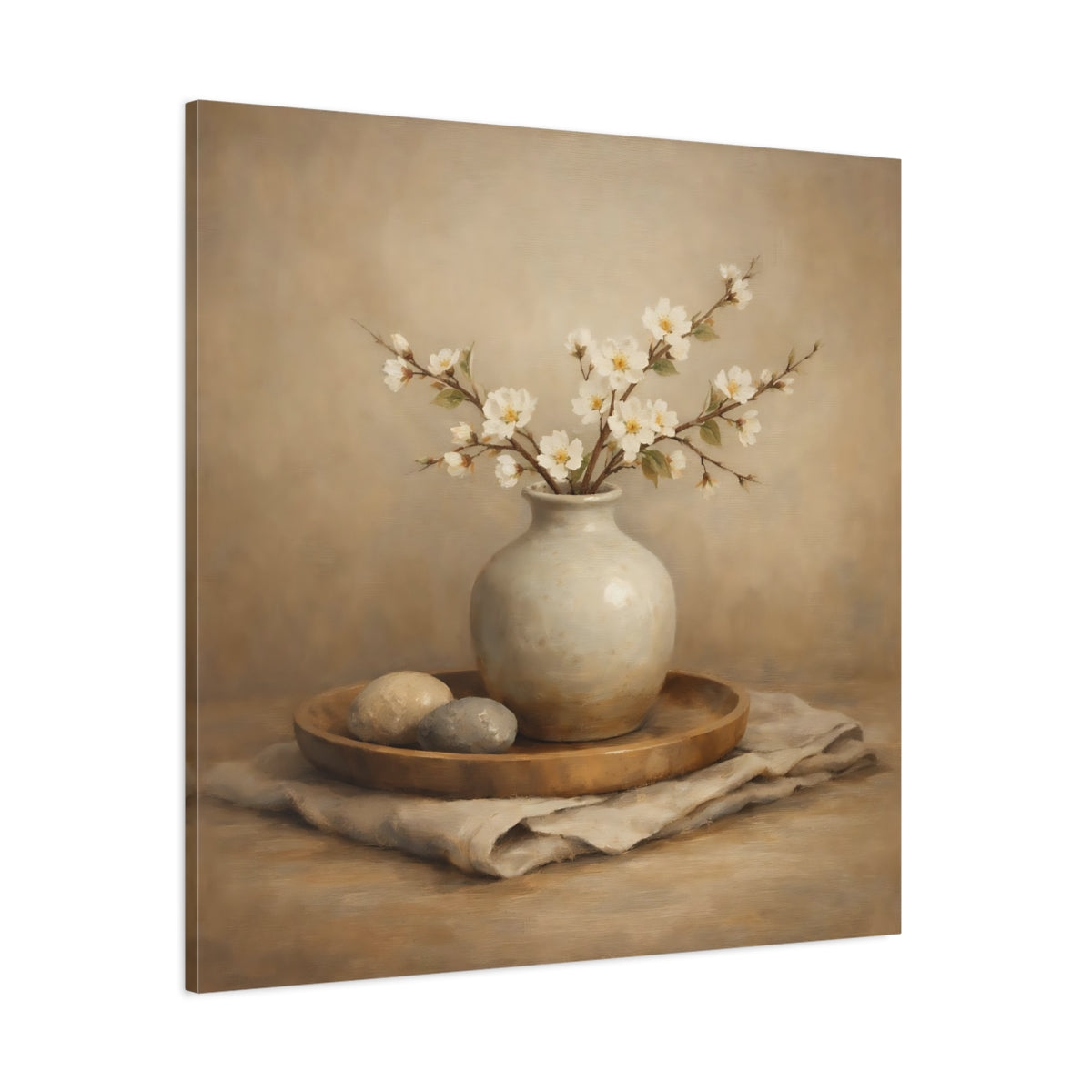 Main Mockup. Nature White Blossoms Neutral Floral Still Life shown as stretched canvas wall art