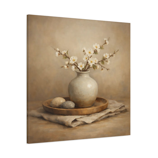 Main Mockup. Nature White Blossoms Neutral Floral Still Life shown as stretched canvas wall art