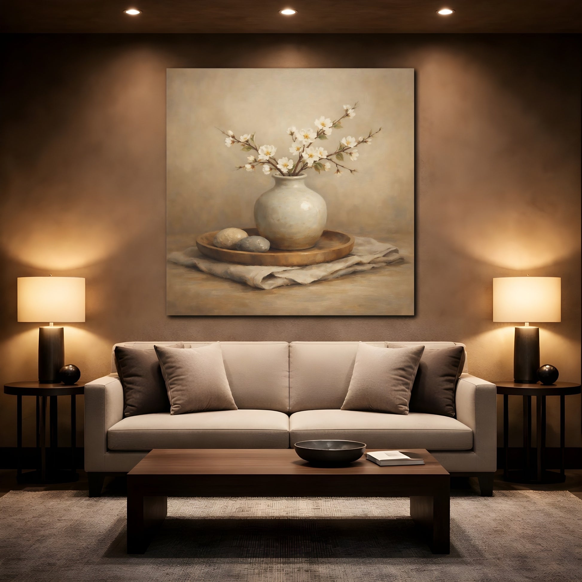 Mockup 2. Nature White Blossoms Neutral Floral Still Life shown as stretched canvas wall art