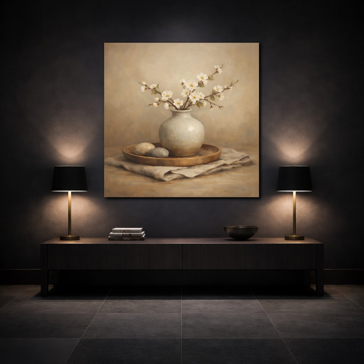 Mockup 3. Nature White Blossoms Neutral Floral Still Life shown as stretched canvas wall art