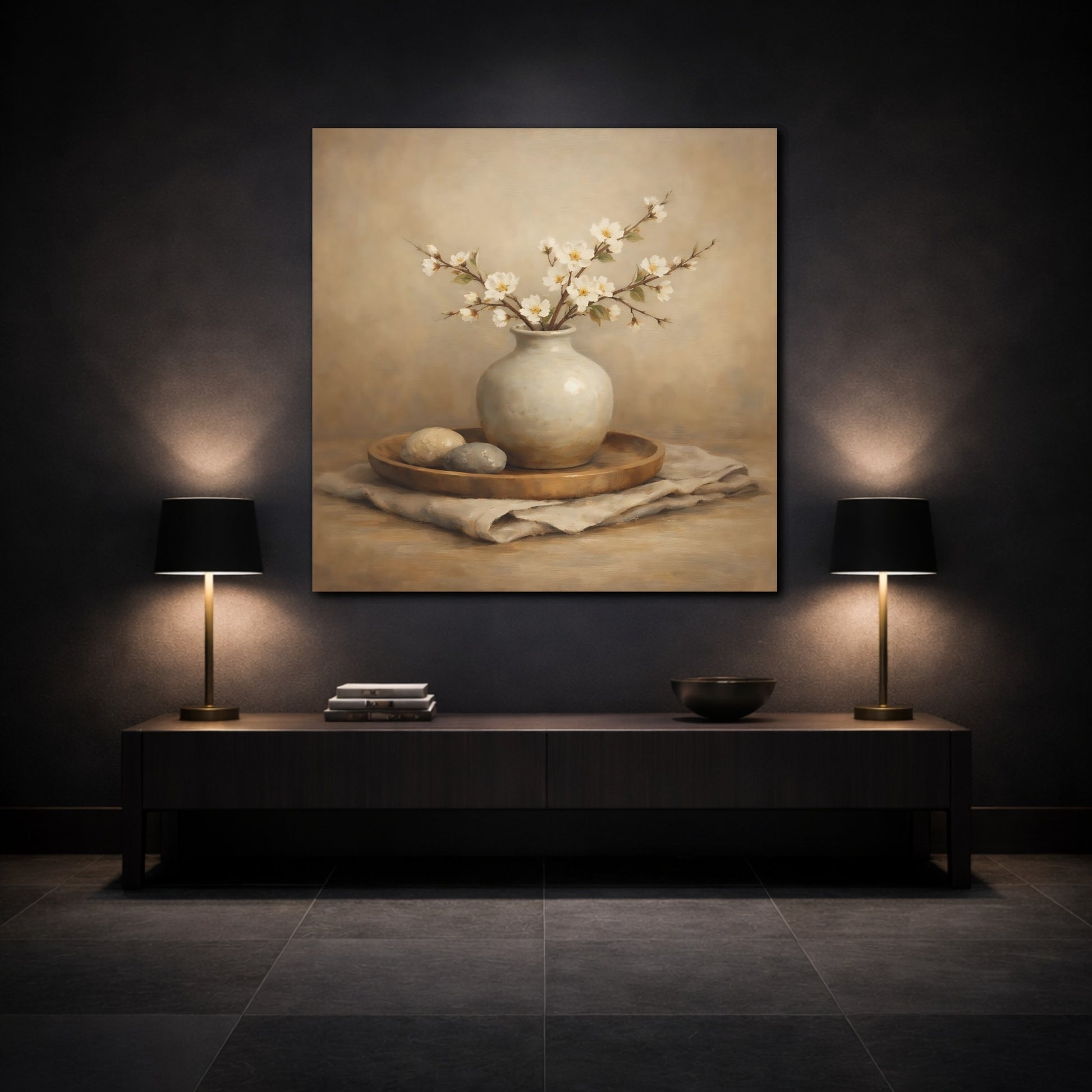 Mockup 3. Nature White Blossoms Neutral Floral Still Life shown as stretched canvas wall art