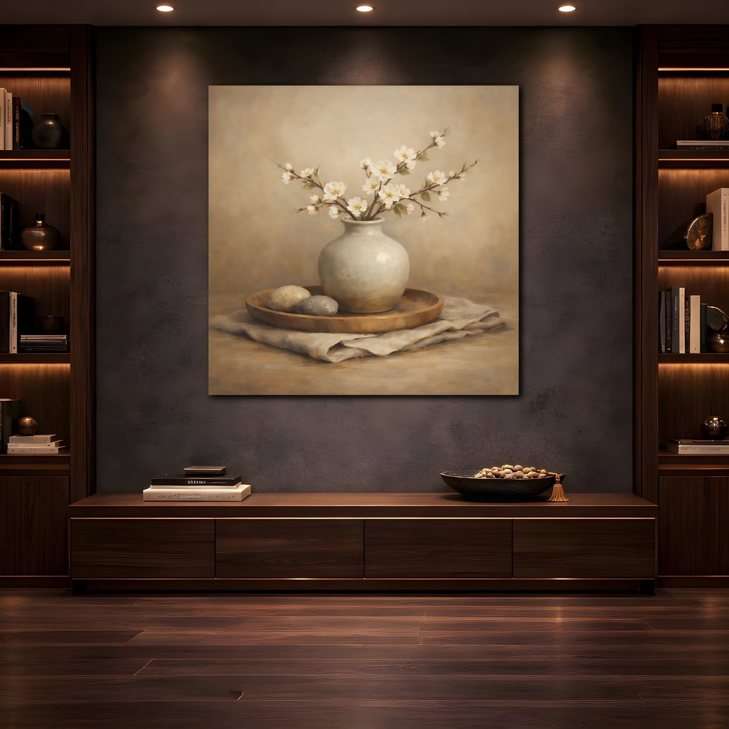 Mockup 4. Nature White Blossoms Neutral Floral Still Life shown as stretched canvas wall art